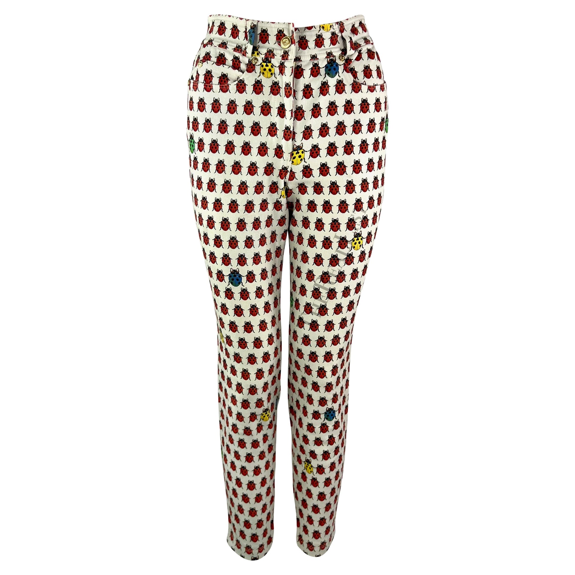 S/S 1995 Gianni Versace White Lady Bug Print Denim Jean Pants