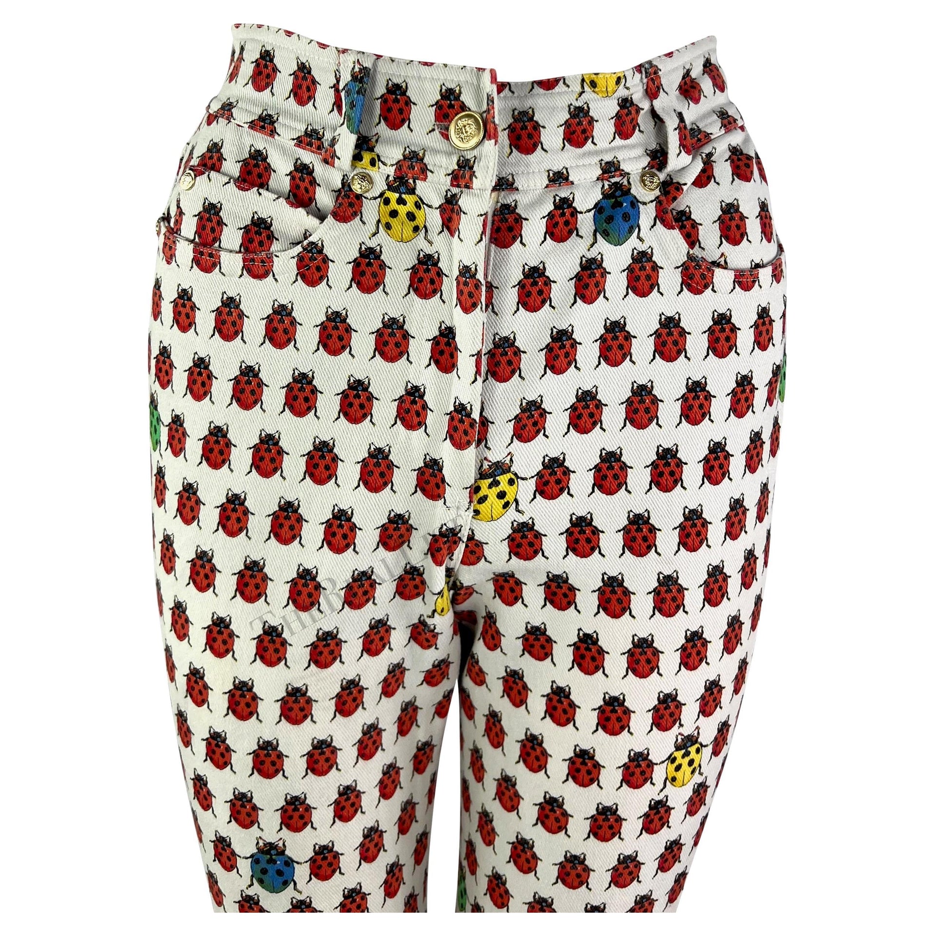 S/S 1995 Gianni Versace White Lady Bug Print Denim Jean Pants