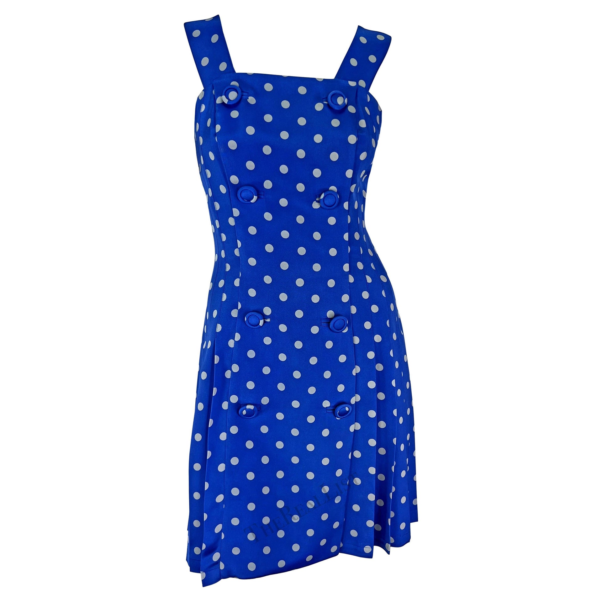 S/S 1994 Gianni Versace Runway Blue Polka Dot Pleated Double Breasted Dress