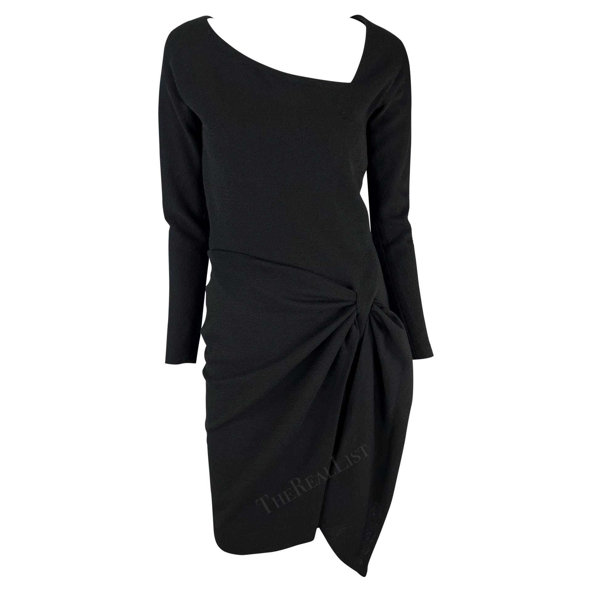 F/W 1990 Donna Karan Runway Asymmetric Black Wrap Wool Jersey Midi Dress