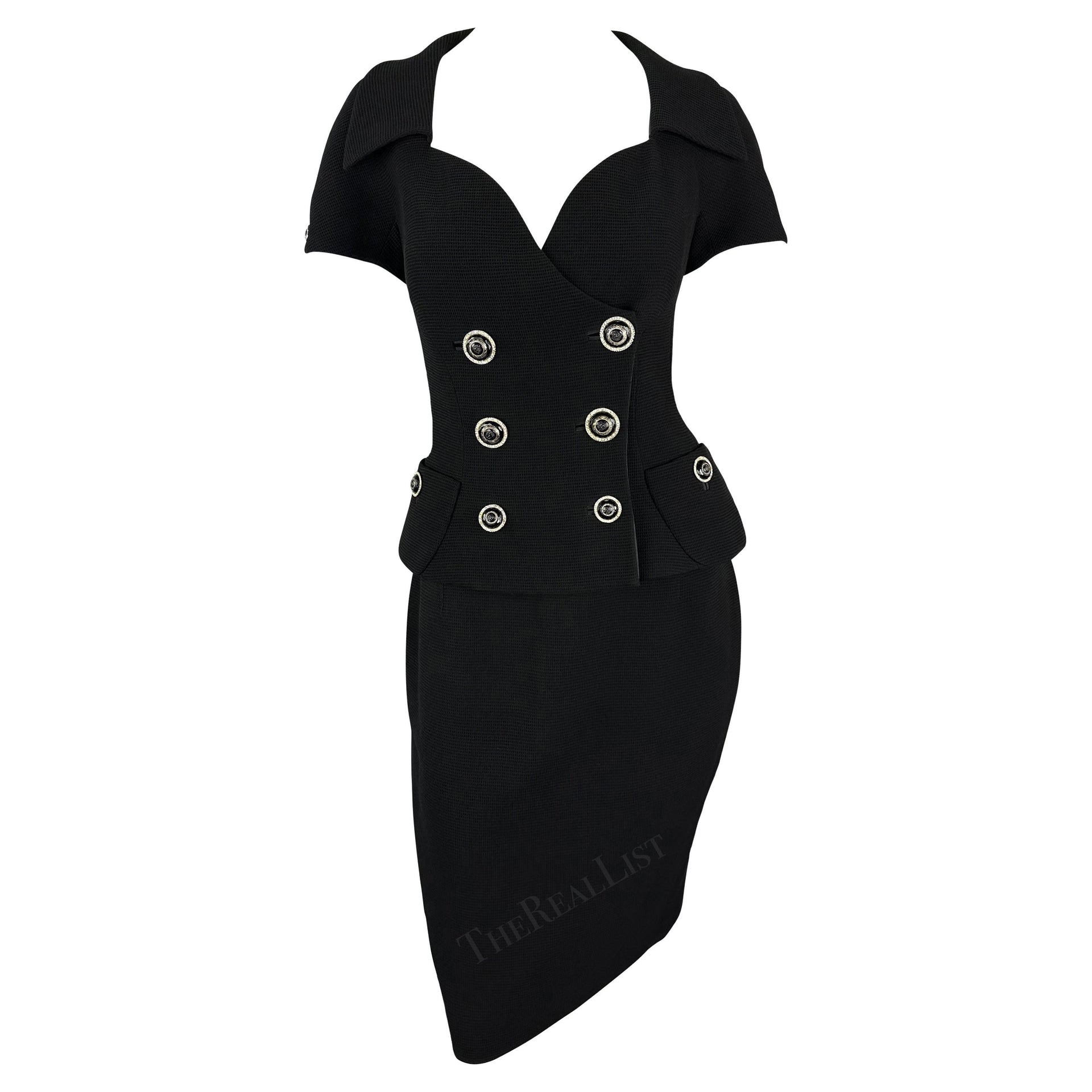 S/S 1993 Gianni Versace Black Waffle Knit Double Breasted Skirt Suit Set