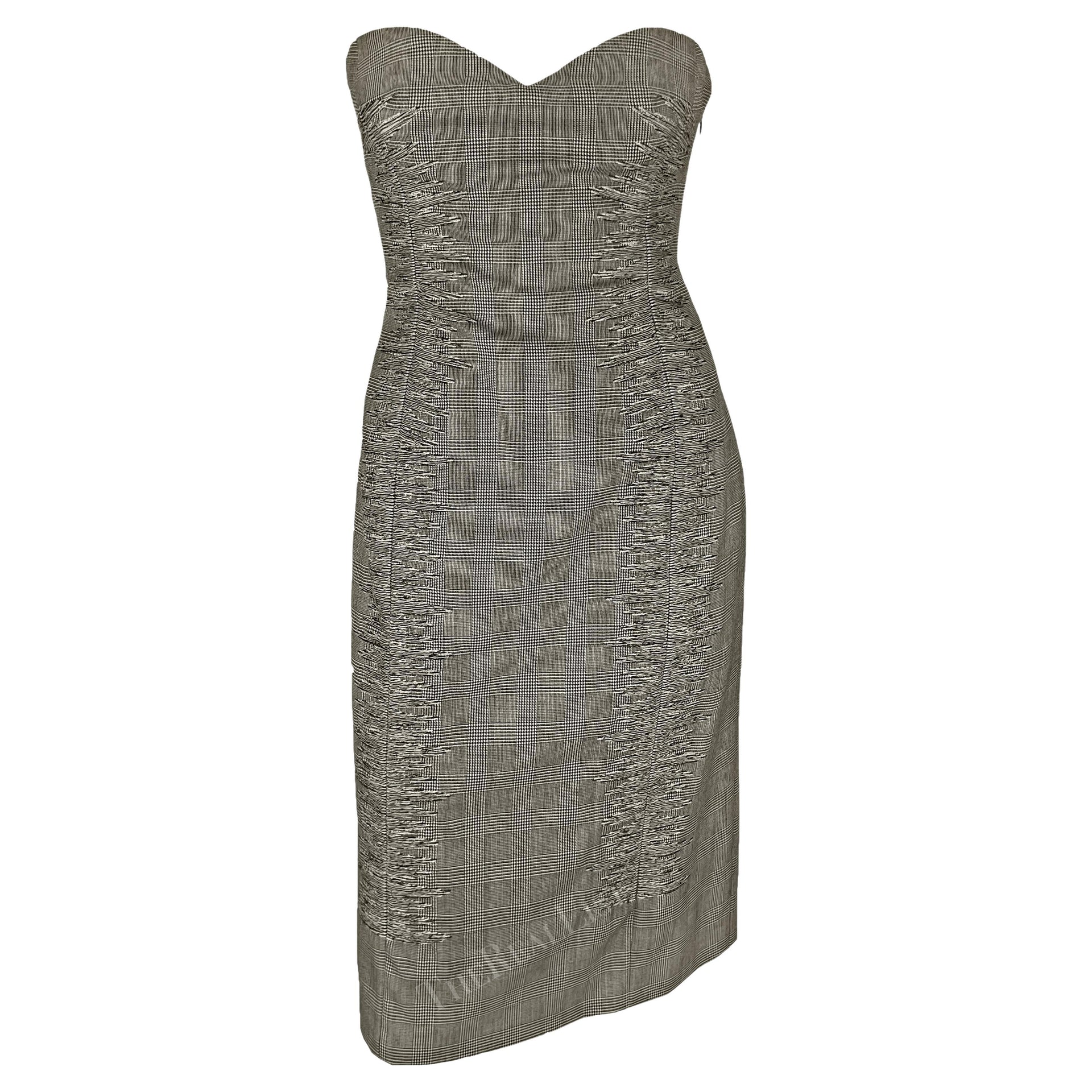 S/S 1998 Gianni Versace Runway Ad Grey Houndstooth Strapless Corset Mini Dress