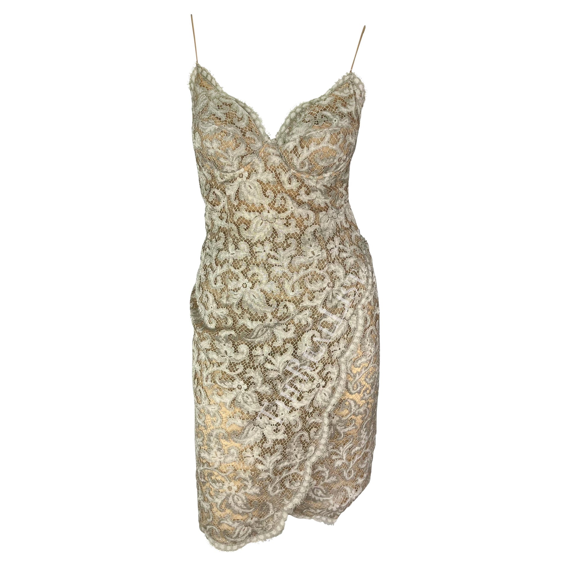 S/S 1995 Donna Karan Runway Silver Lace Wrap Style Slip Dress