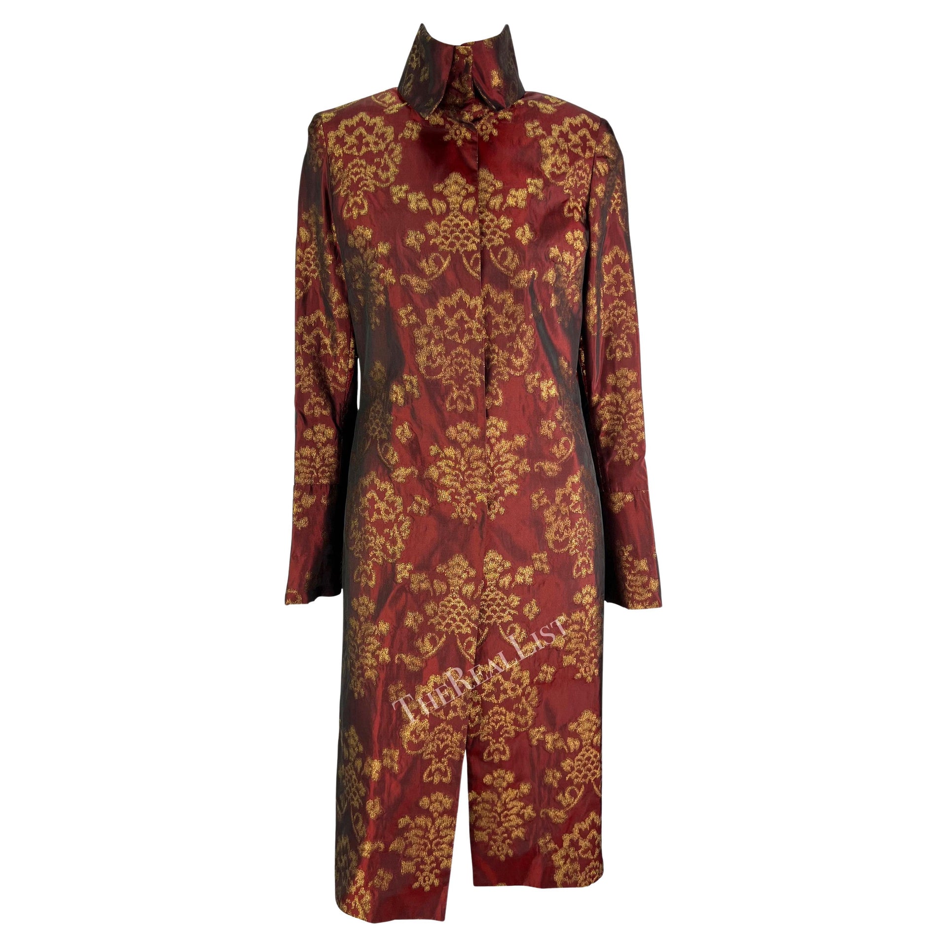 S/S 2000 Dolce & Gabbana Burgundy Satin Gold Jacquard Woven Long Coat