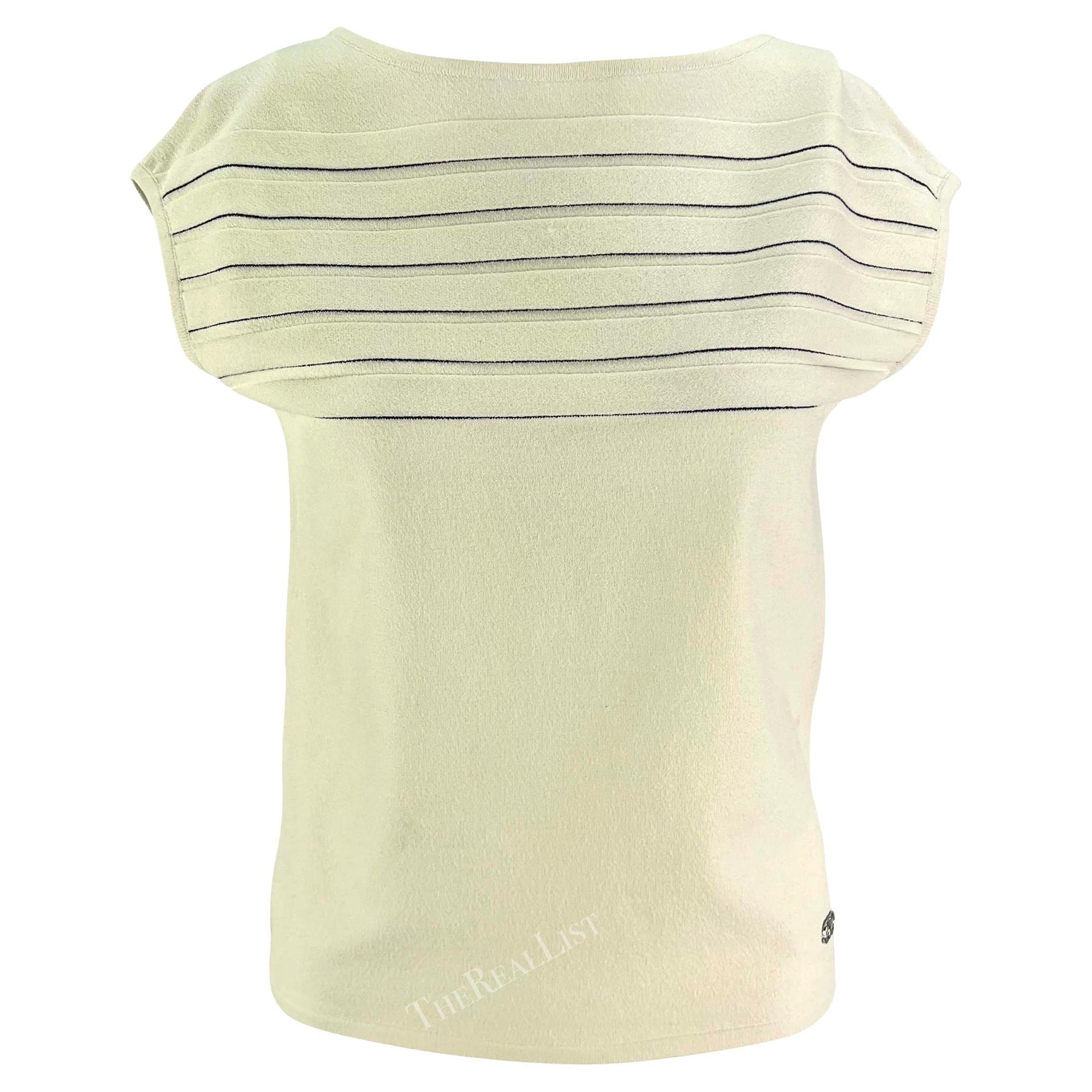 Late 1990s Salvatore Ferragamo White Navy Stripped Logo Knit Shirt
