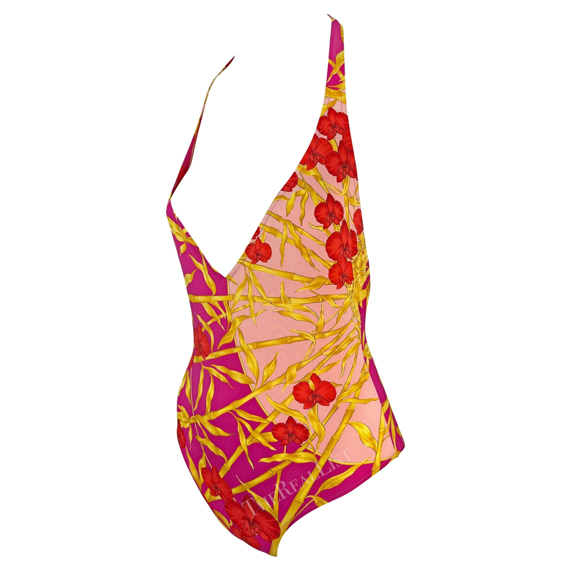 S/S 2000 Versace by Donatella Hot Pink Bamboo Plunging Halter One-Piece Swimsuit