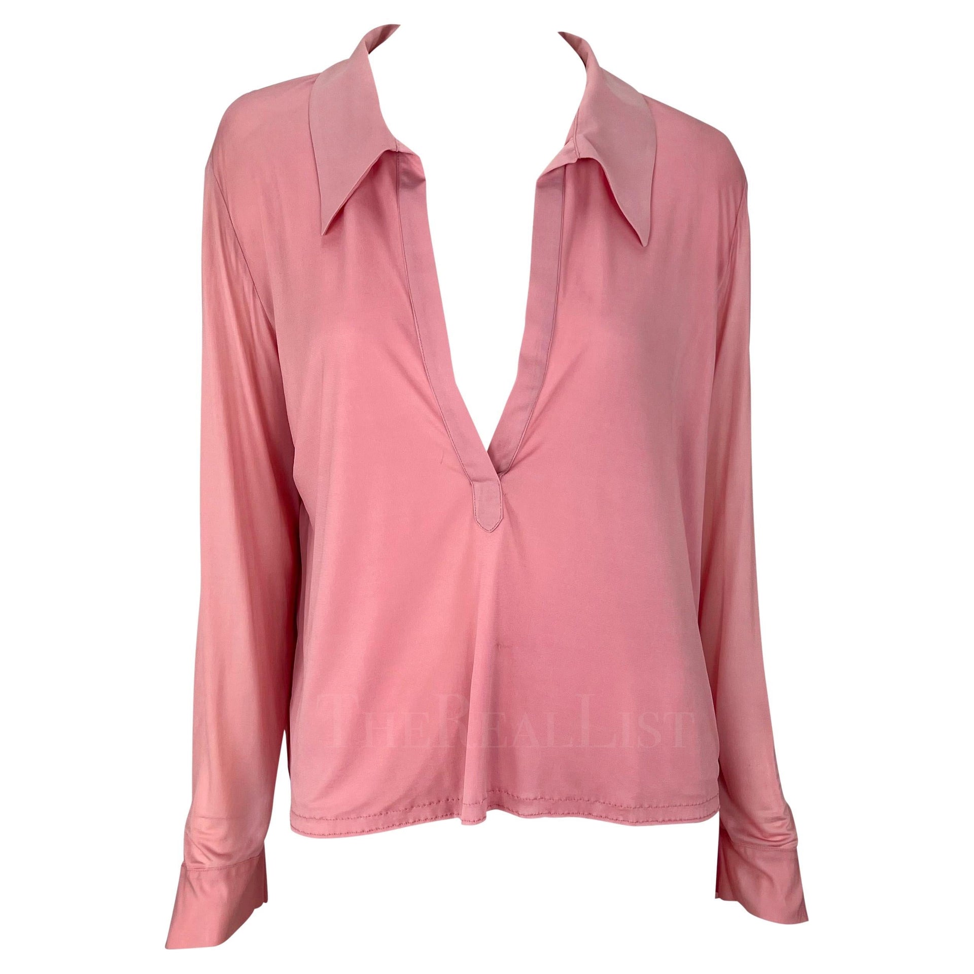NWT S/S 2000 Gucci by Tom Ford Runway Ad Plunging Pink Collared Blouse Top