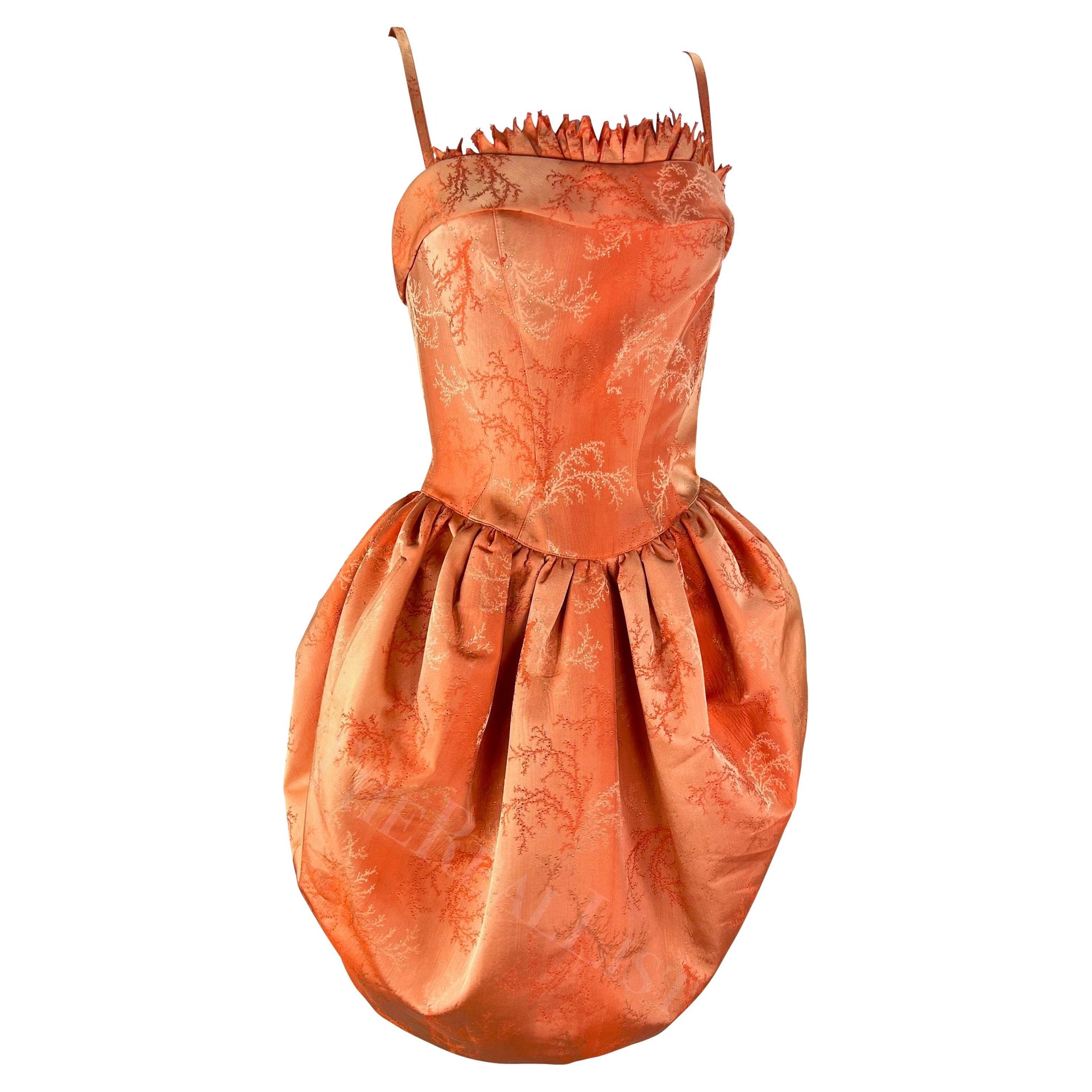 Cruise 1999 Thierry Mugler Orange Coral Jacquard Corset Boned Bubble Dress