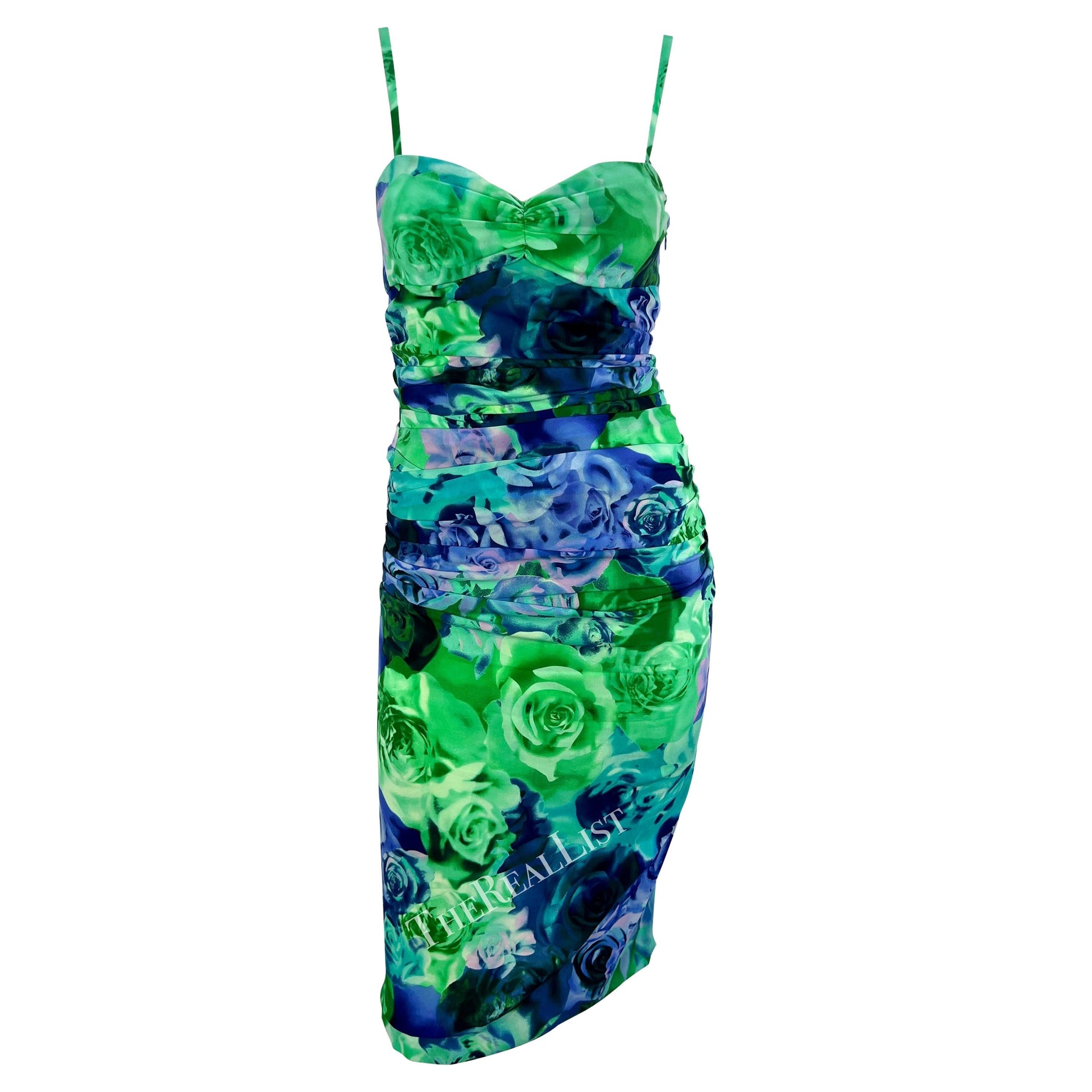 S/S 2005 Versace by Donatella Medusa Buckle Green Blue Rose Print Bodycon Dress