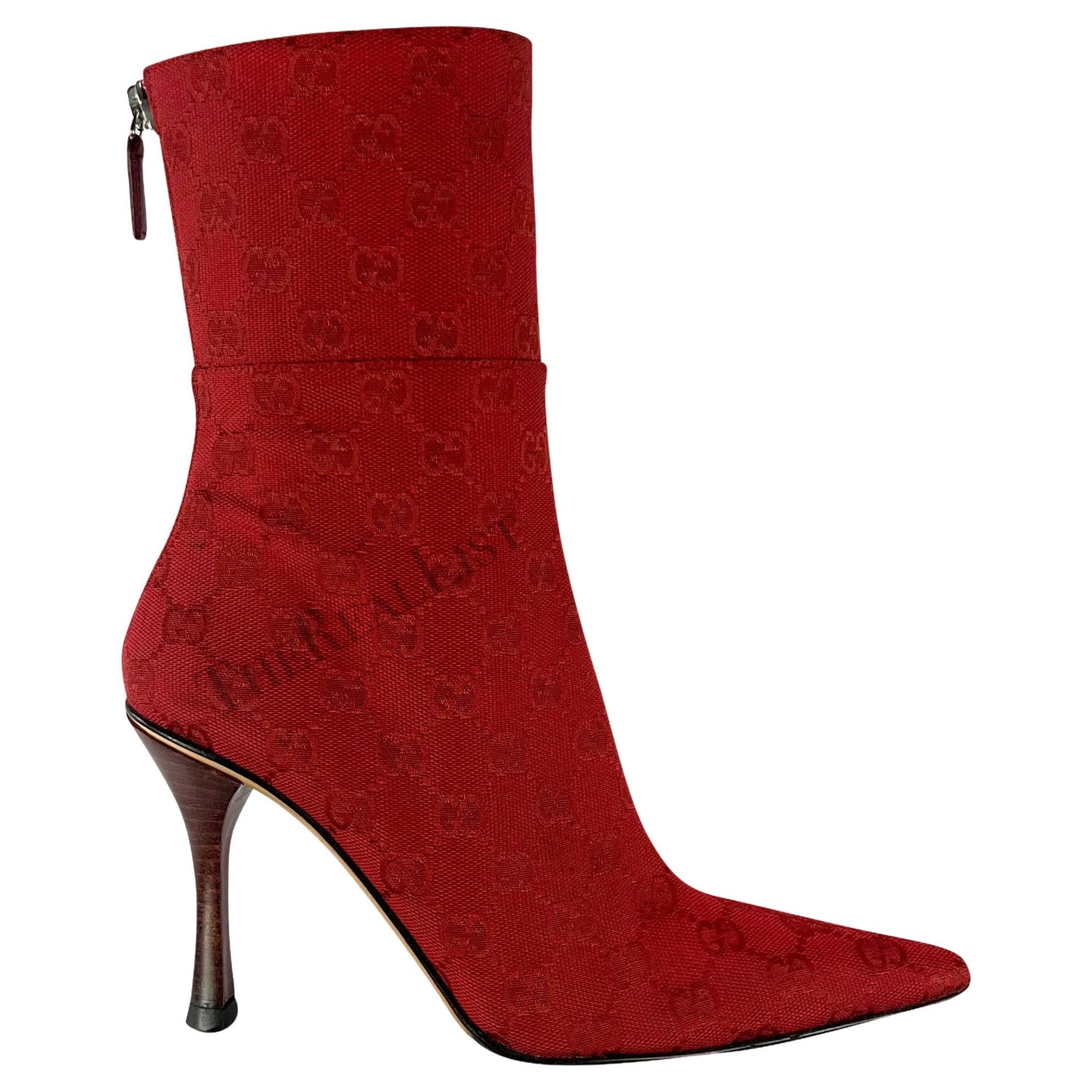 Early 2000s Gucci by Tom Ford Red 'GG' Canvas Heel Ankle Boots Size 6B