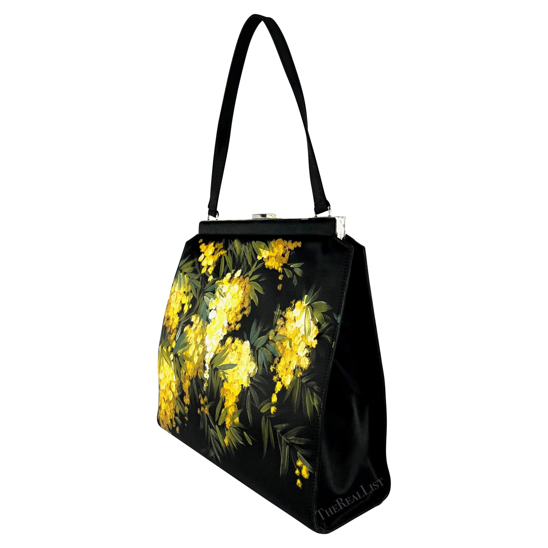 F/W 1998 Dolce & Gabbana Black Satin Hand-Painted Yellow Floral Top Handle