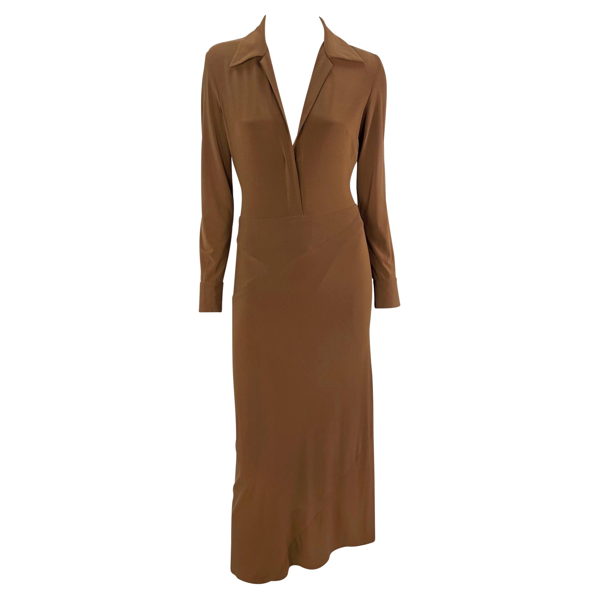 S/S 1996 Donna Karan Runway Light Brown Plunging Bodycon Dress