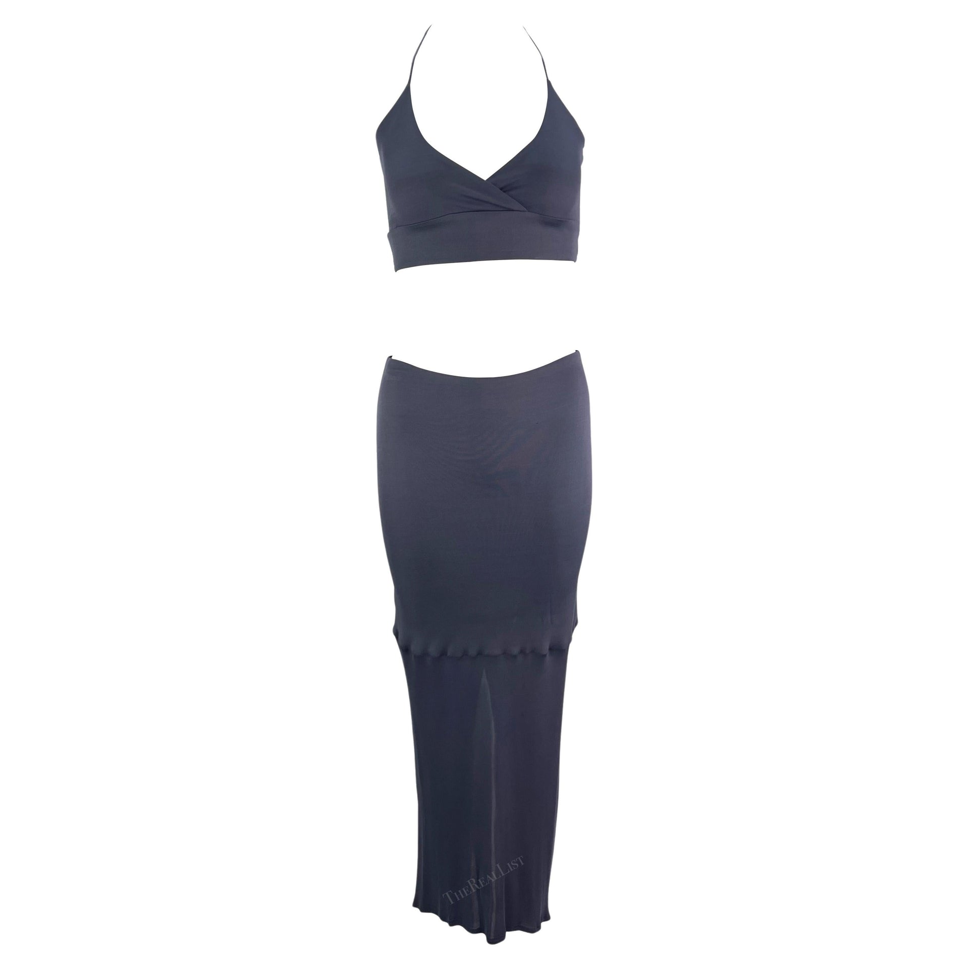 1990s Yigal Azrouël Grey Blue Stretch Halter Neck Bodycon Crop Top Skirt Set