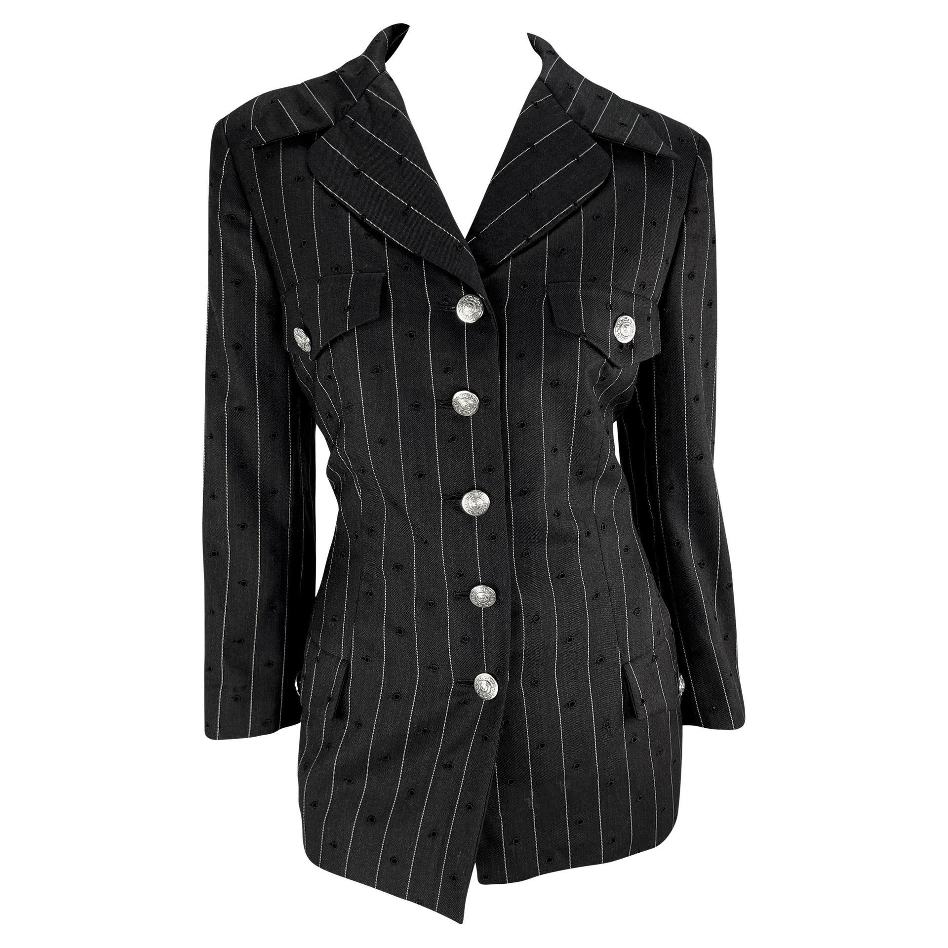 S/S 1994 Gianni Versace Eyelet Cutout Pinstripe Medusa Pocket Blazer Jacket