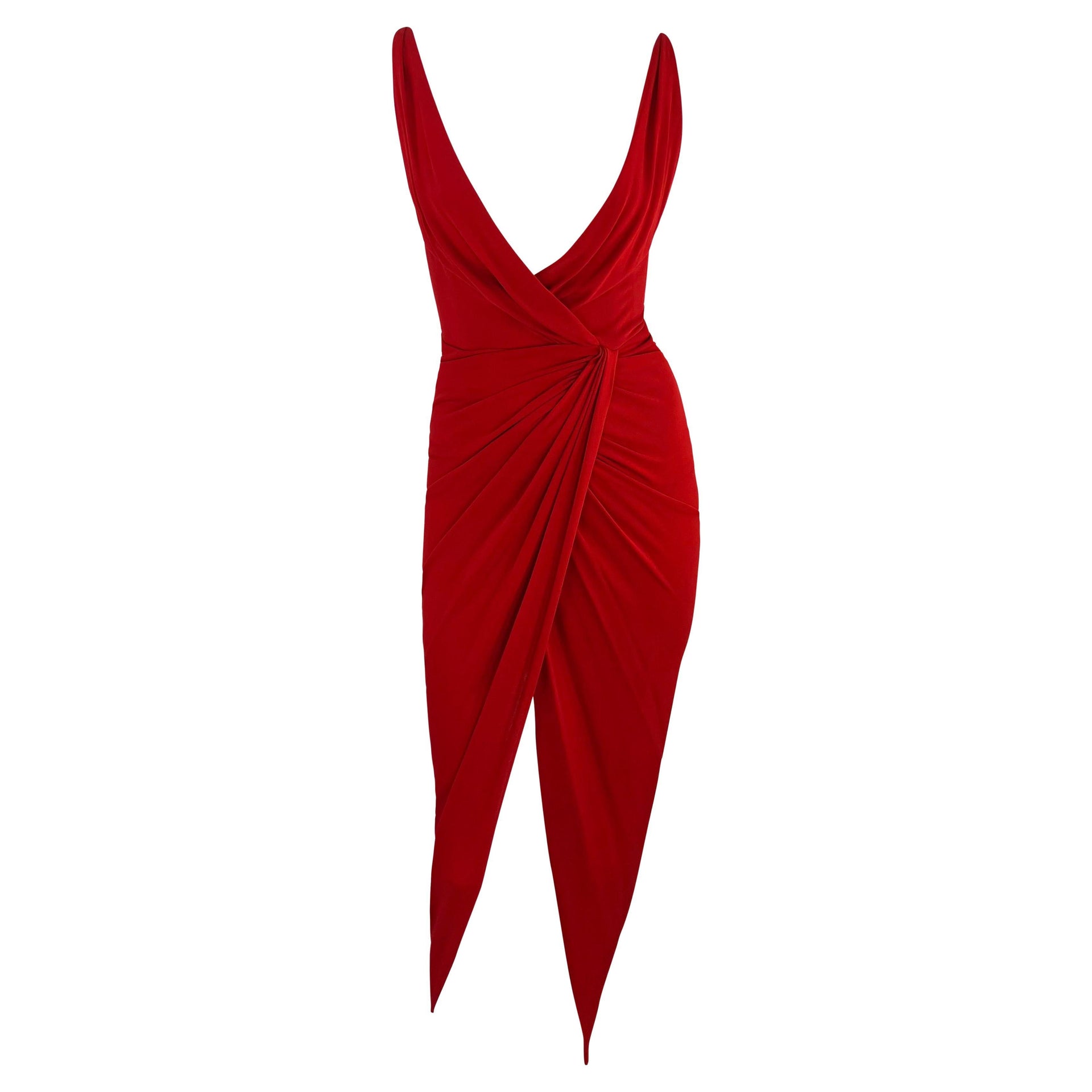 2000s Randolph Duke Red Plunging Neckline High-Slit Stretch Faux-Wrap Gown