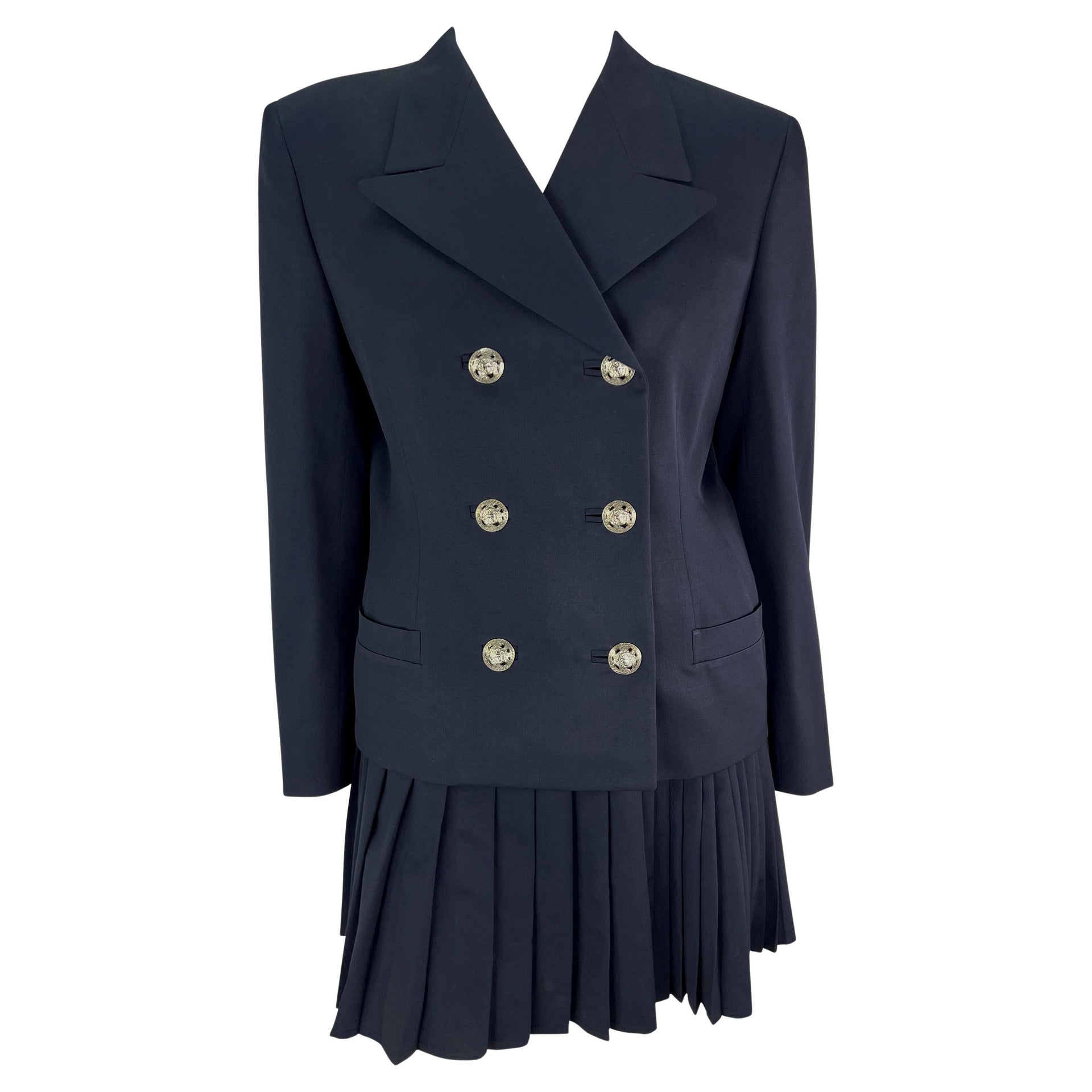 S/S 1994 Gianni Versace Navy Medusa Double-Breasted Pleated Mini Skirt Suit