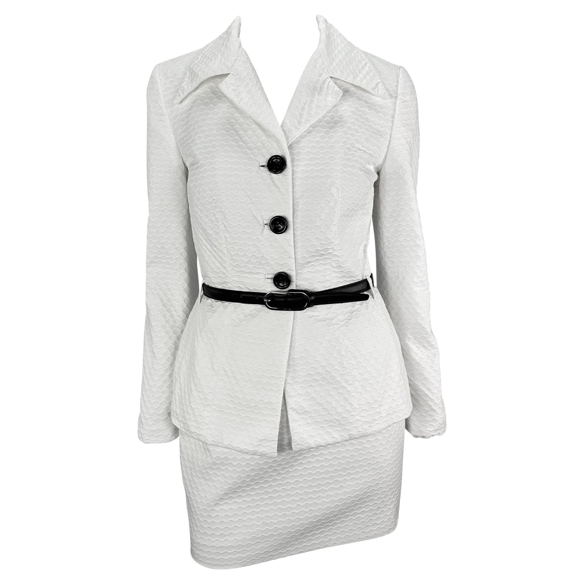 S/S 1995 Dolce & Gabbana Belted White Waffle Knit Mini Skirt Suit