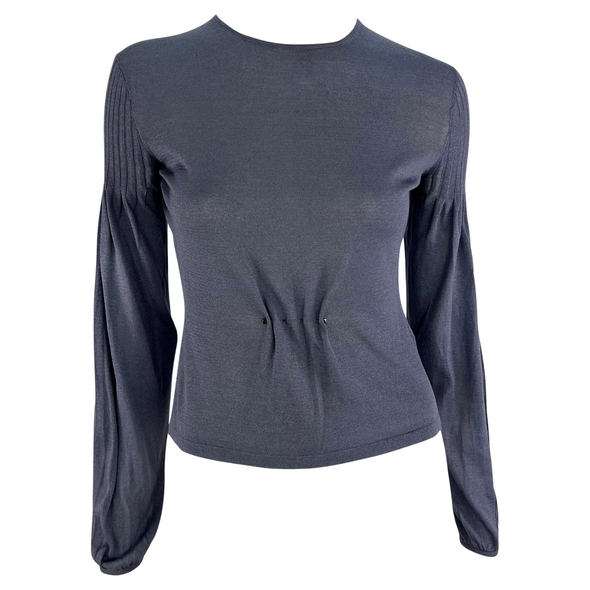 F/W 1999 Gucci by Tom Ford Runway Logo Pin Sheer Blue Silk Knit Blouse