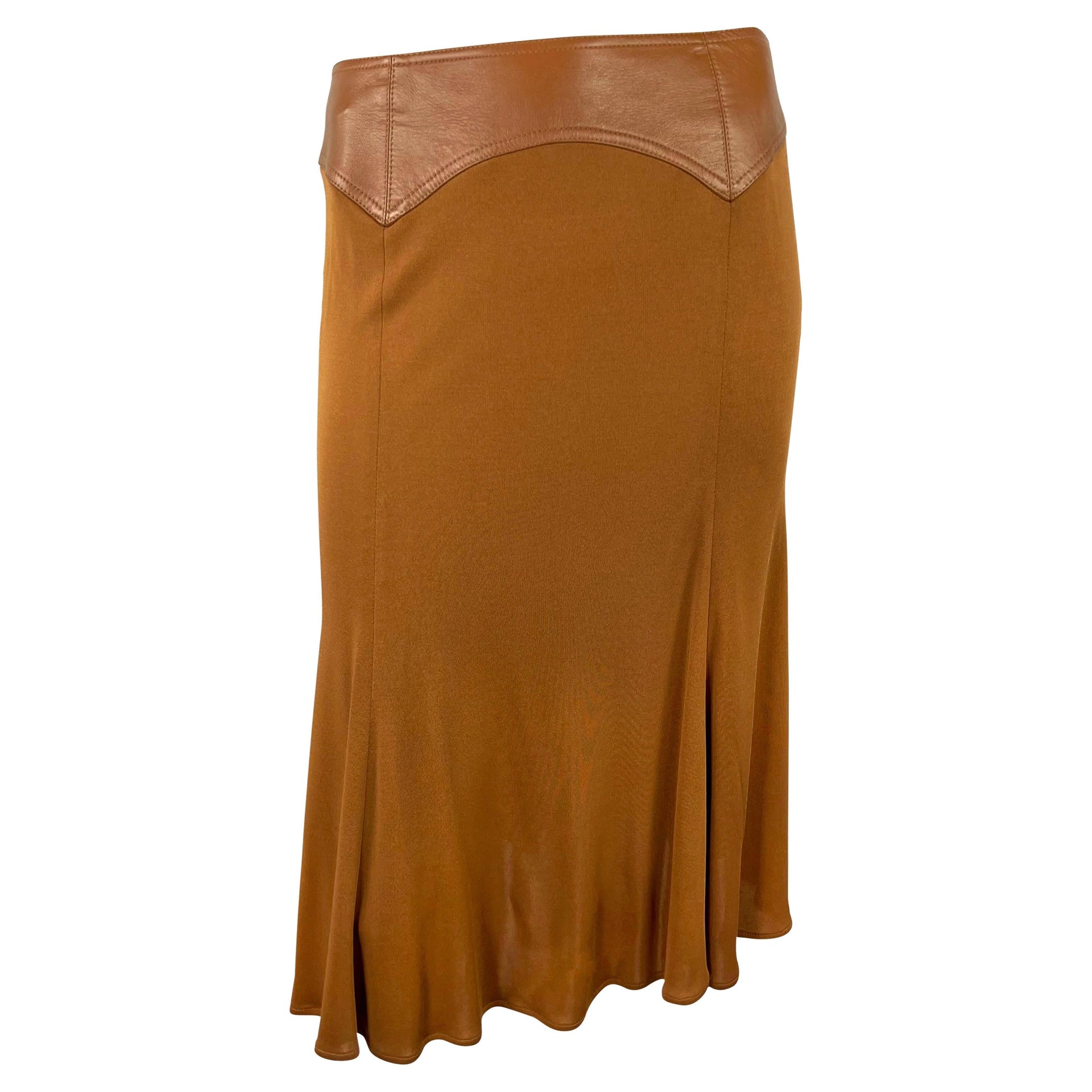 F/W 2001 Gianni Versace by Donatella Light Saddle Brown Leather Bodycon Skirt