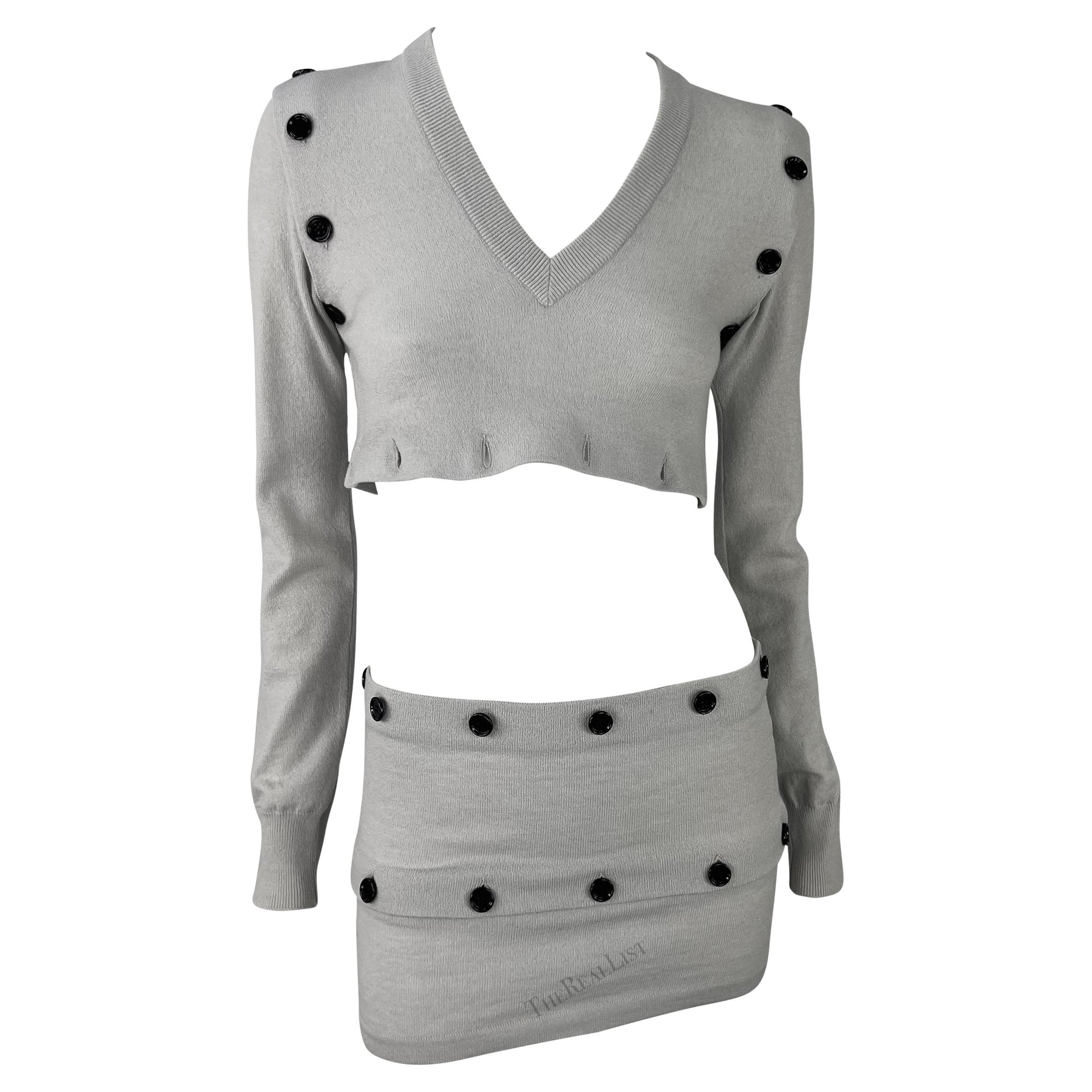 F/W 2003 Dolce & Gabbana Adjustable Button Grey Cropped Sweater Mini Skirt Set