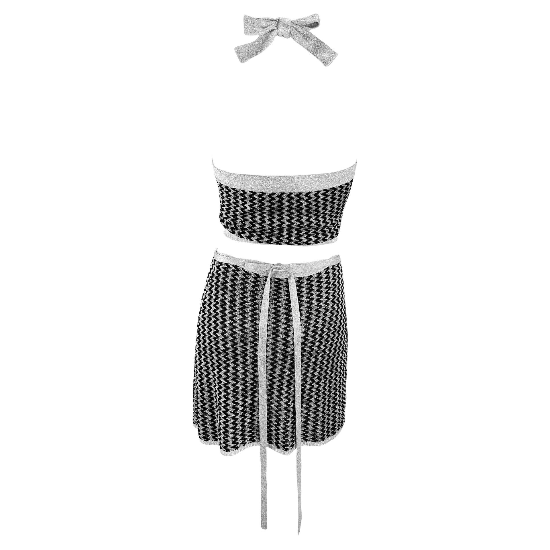 NWT S/S 1995 Dolce & Gabbana Silver Metallic Knit Halter Crop Top Wrap Skirt Set
