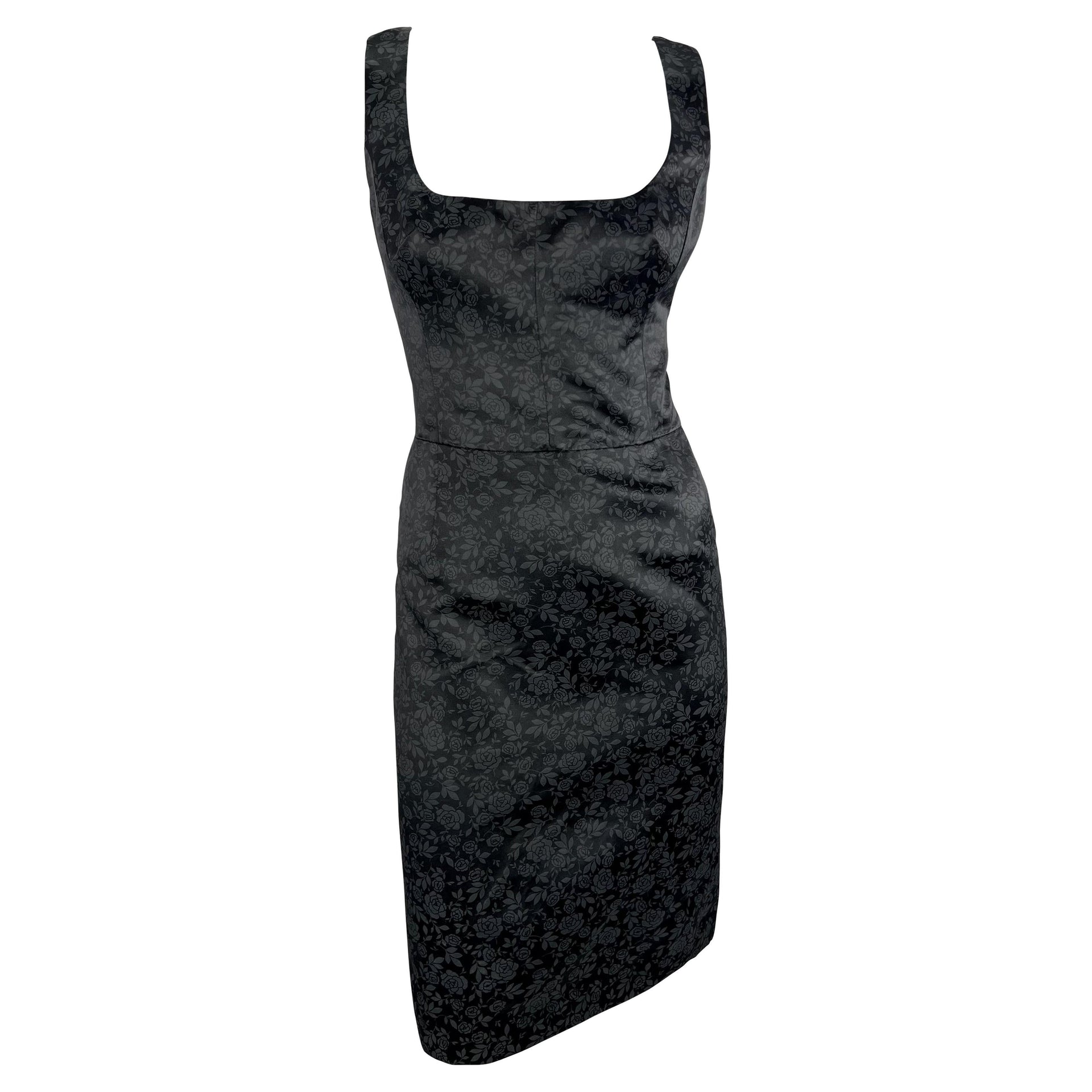 F/W 1996 Dolce & Gabbana Black Satin Charcoal Rose Print Sleeveless Mini Dress
