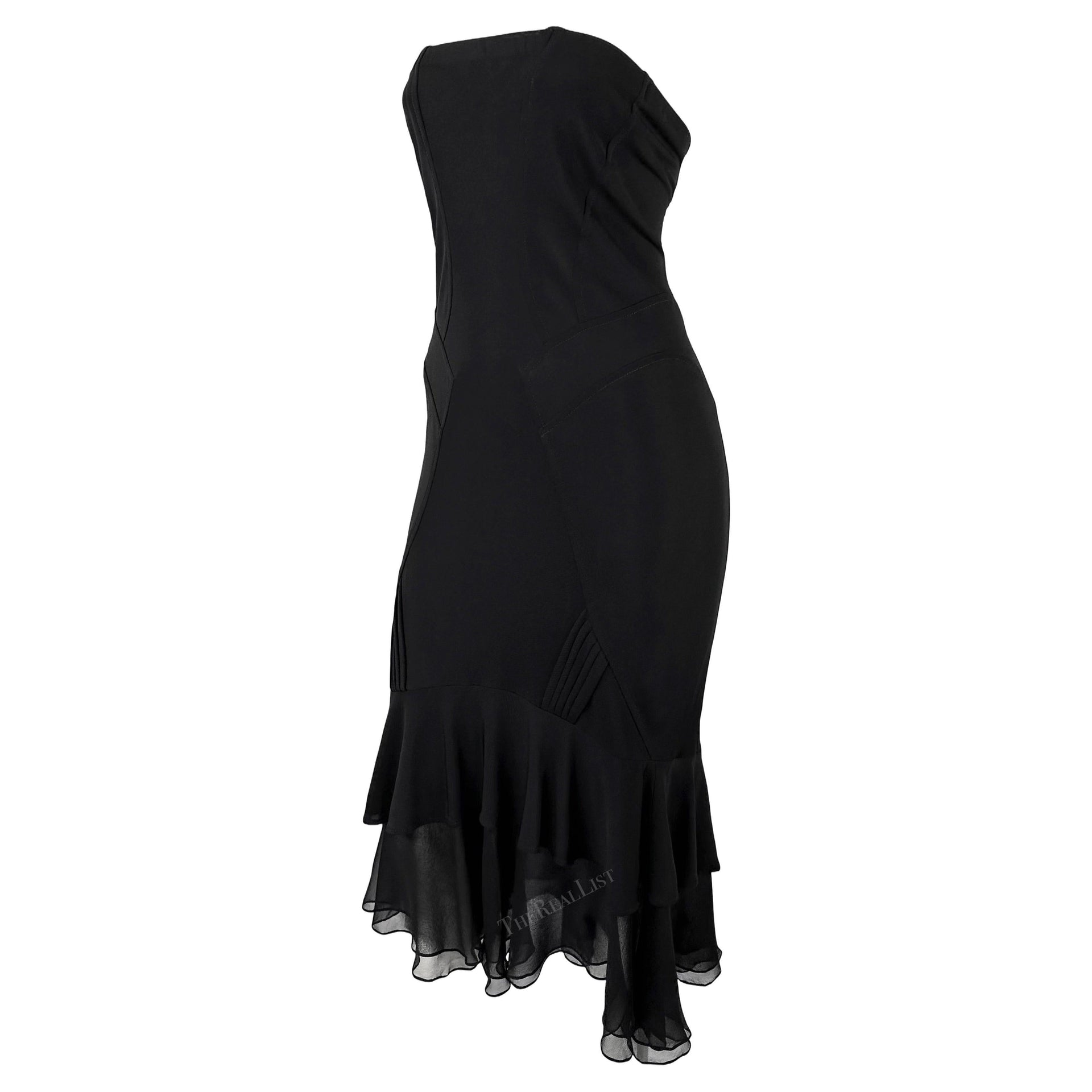 NWT Early 2000s Yigal Azrouel Sheer Black Strapless Ruffle Hem Mini Dress