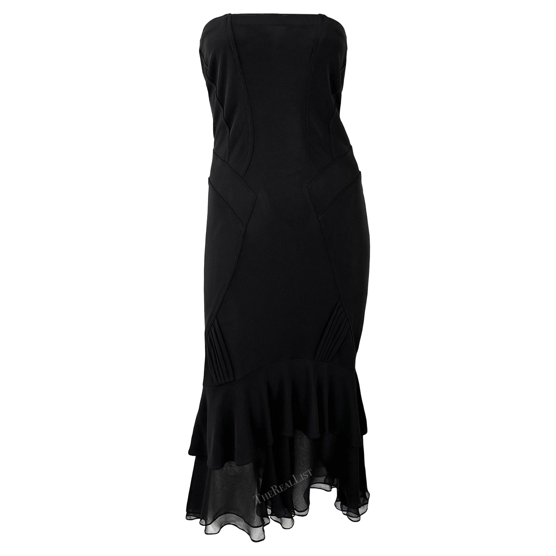 NWT Early 2000s Yigal Azrouel Sheer Black Strapless Ruffle Hem Mini Dress