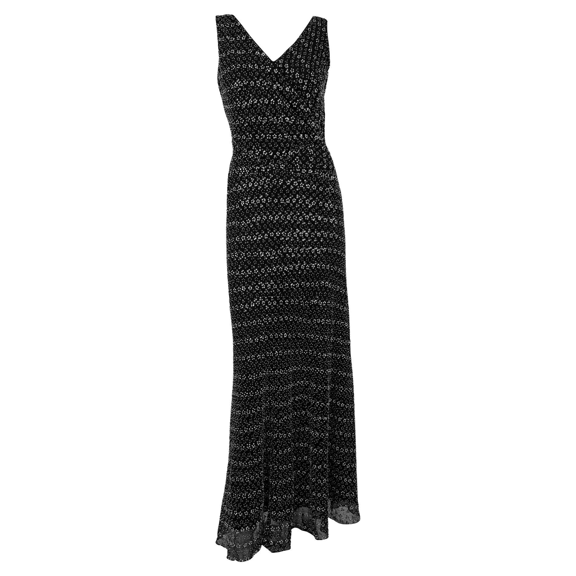 F/W 1998 Giorgio Armani Black Silk Silver Floral Beaded Sleeveless Gown