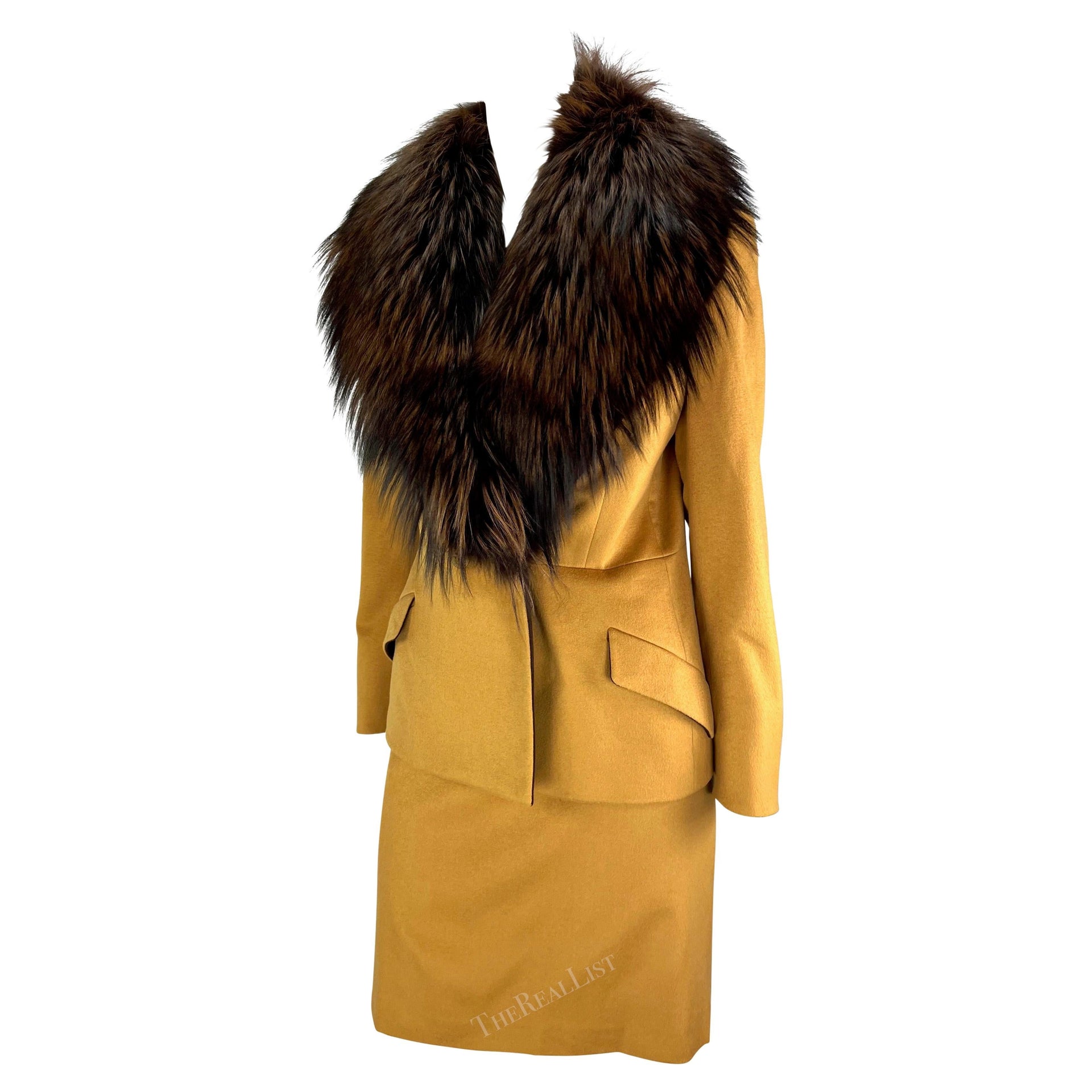 F/W 1997 Gianni Versace Couture Mustard Fox Fur Trim Wool Skirt Suit