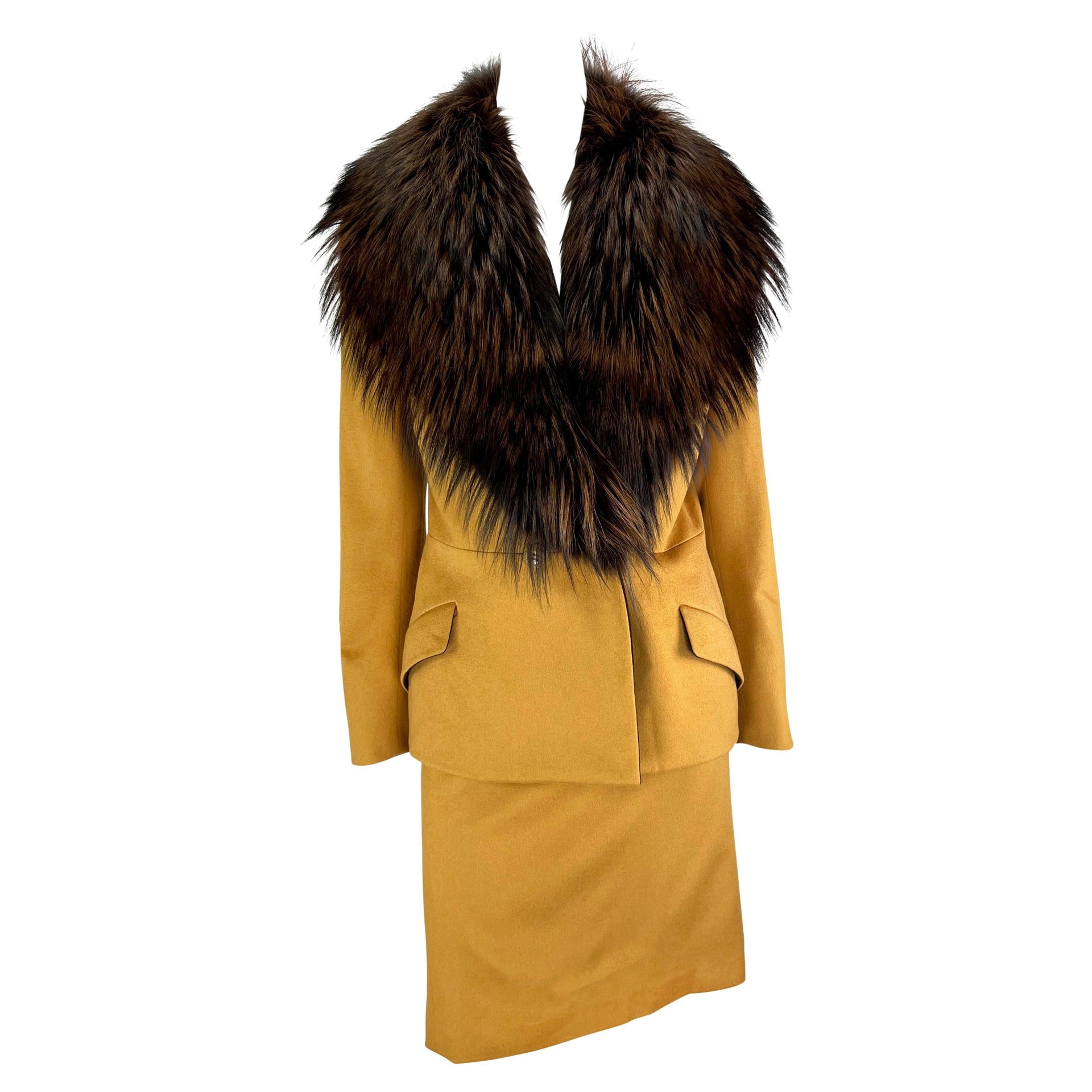 F/W 1997 Gianni Versace Couture Mustard Fox Fur Trim Wool Skirt Suit