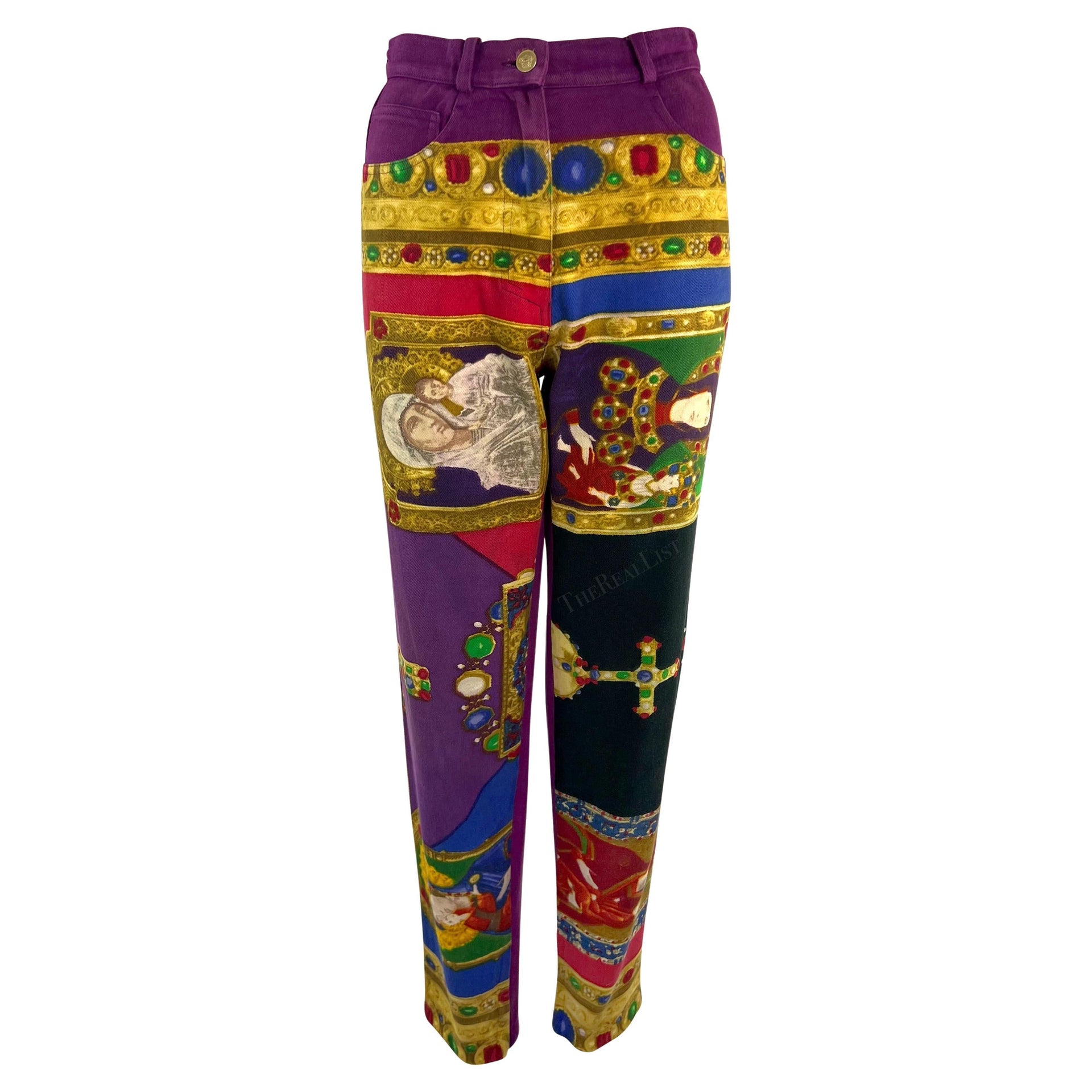 F/W 1991 Gianni Versace Purple Multicolor Gem Tone Baroque Print Denim Pants