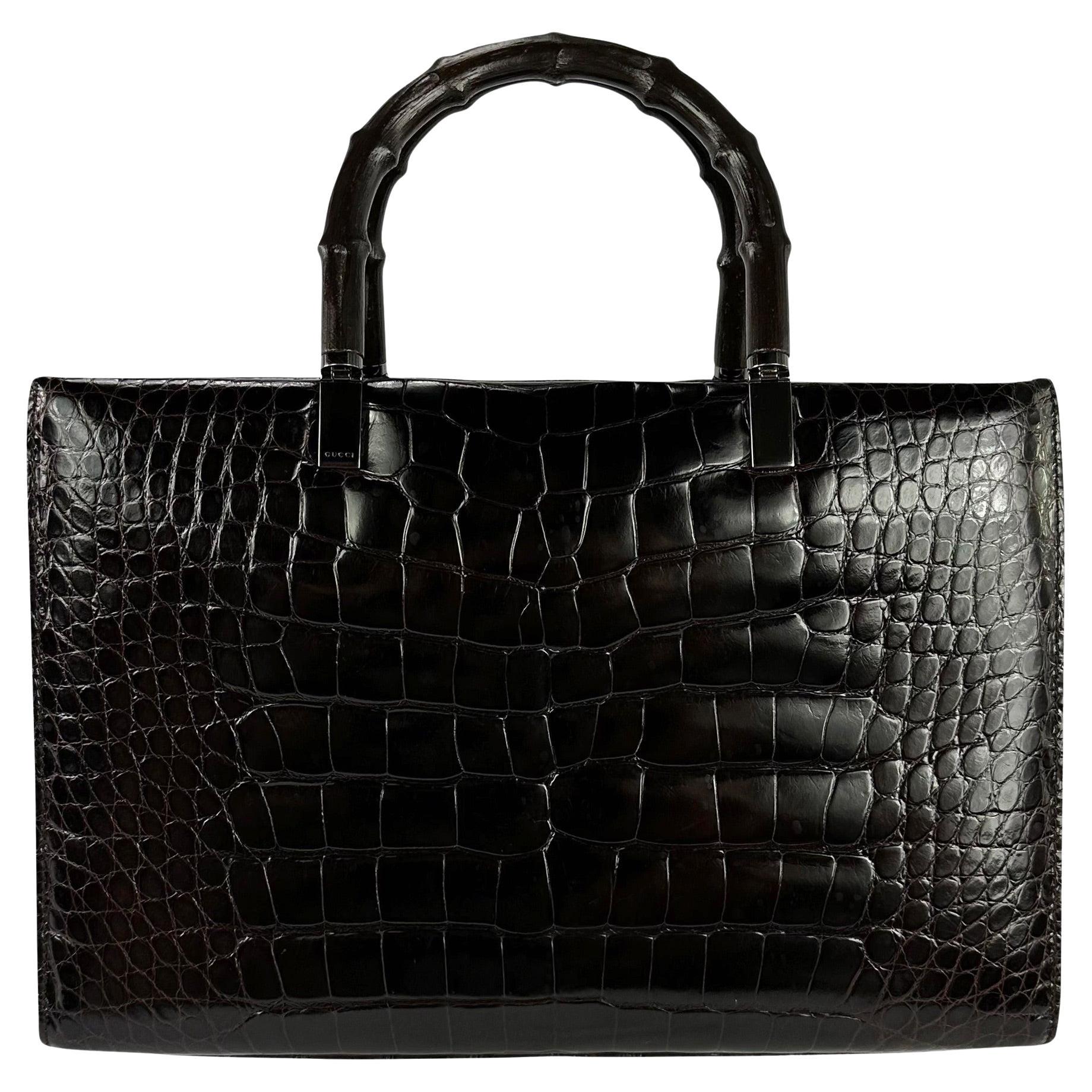 F/W 1998 Gucci by Tom Ford Ad Campaign Black Crocodile Bamboo Tote Bag