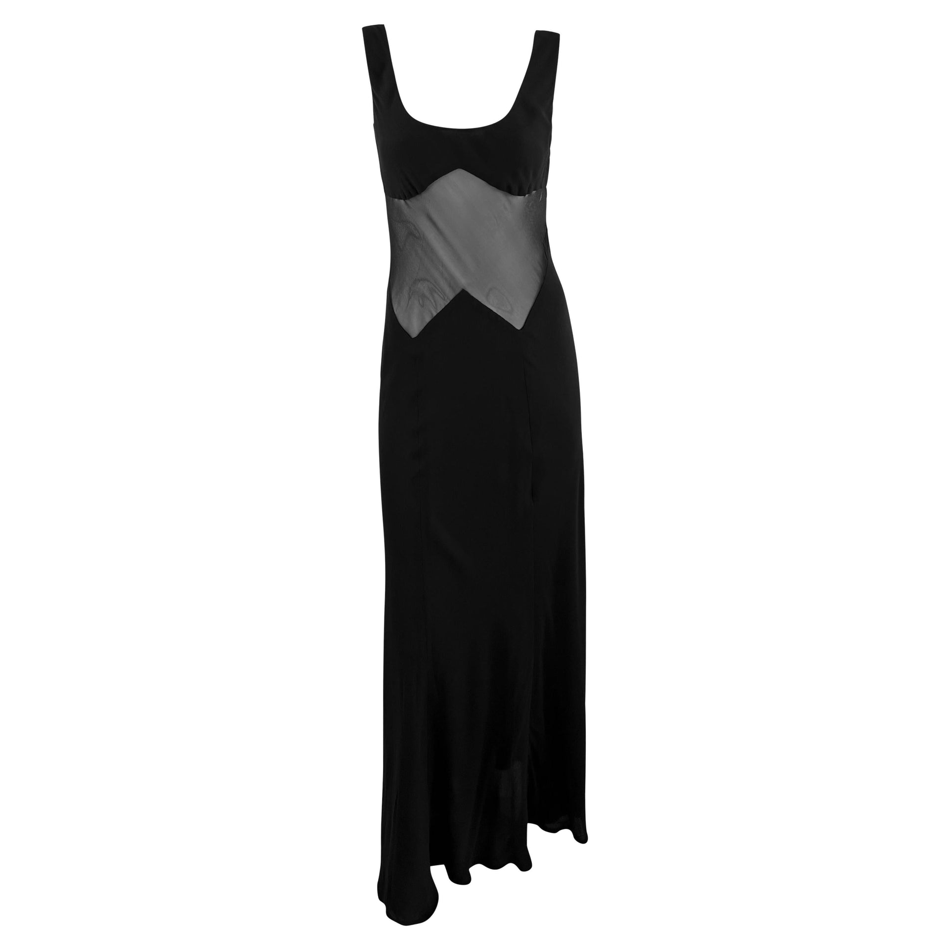 1990s Richard Tyler Angular Sheer Waist Black Silk Slip Gown