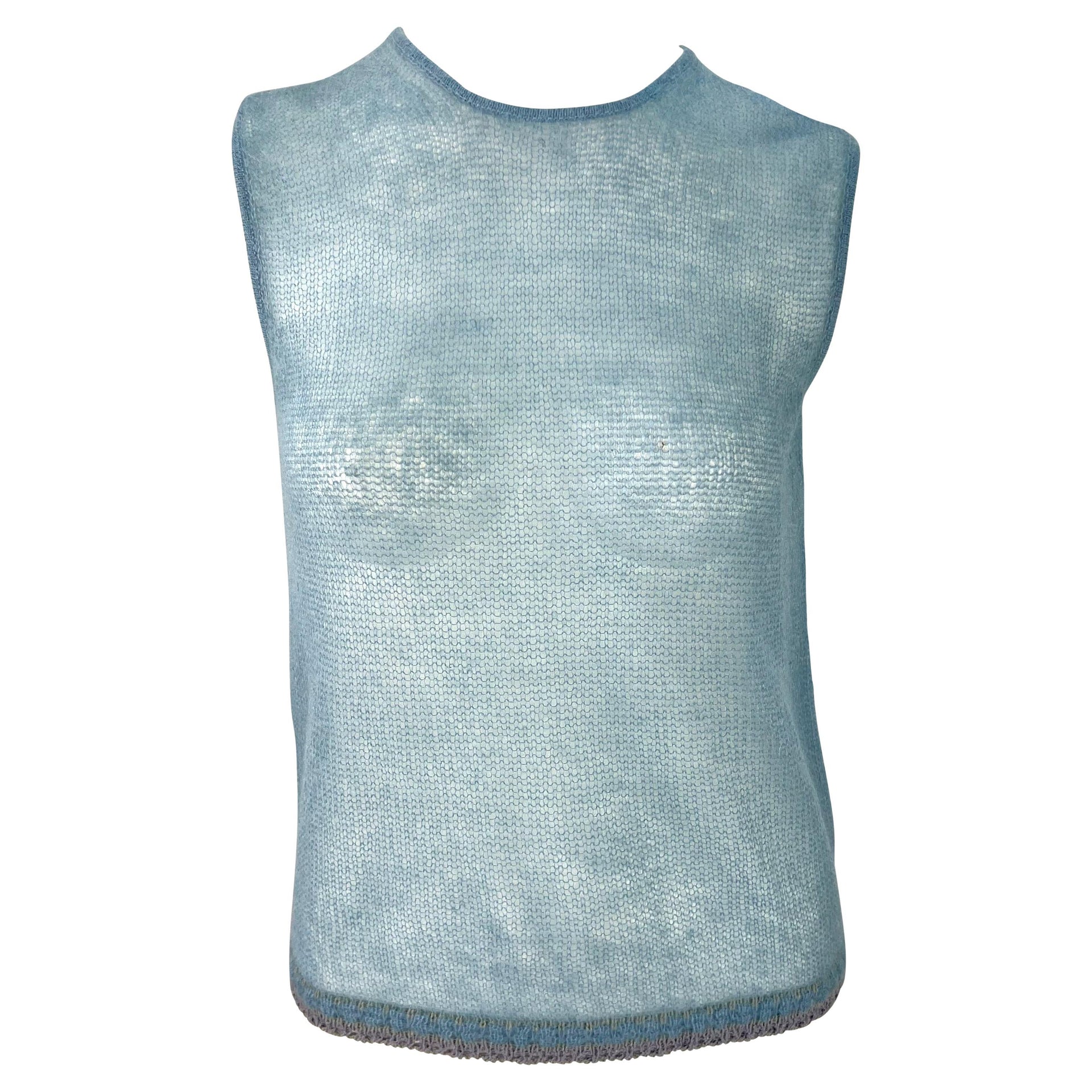 1999 Giorgio Armani Sheer Knit Baby Blue Sleeveless Sweater Top