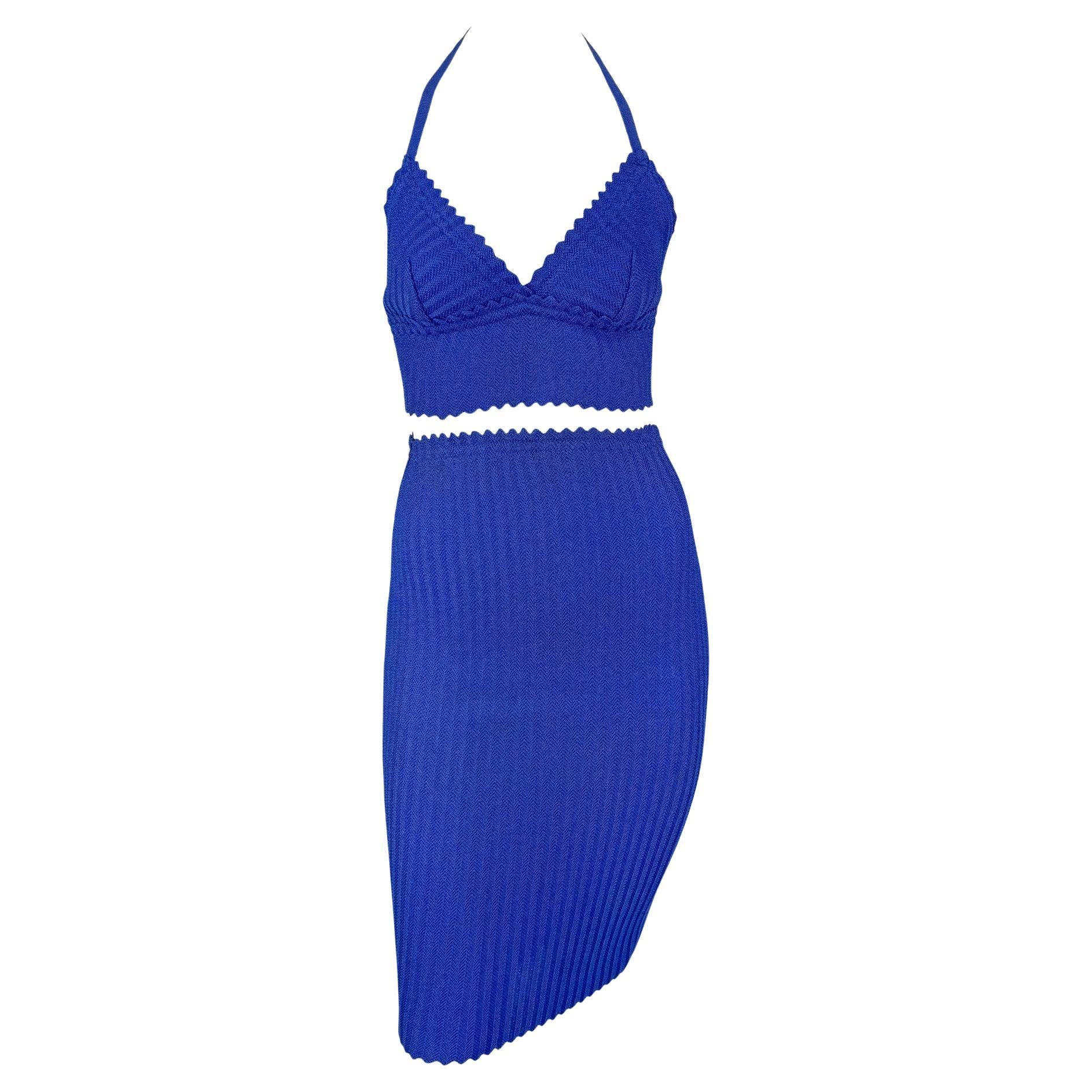 Late 1990s Fendi by Karl Lagerfeld Bodycon Knit Blue Bralette Crop Top Skirt Set