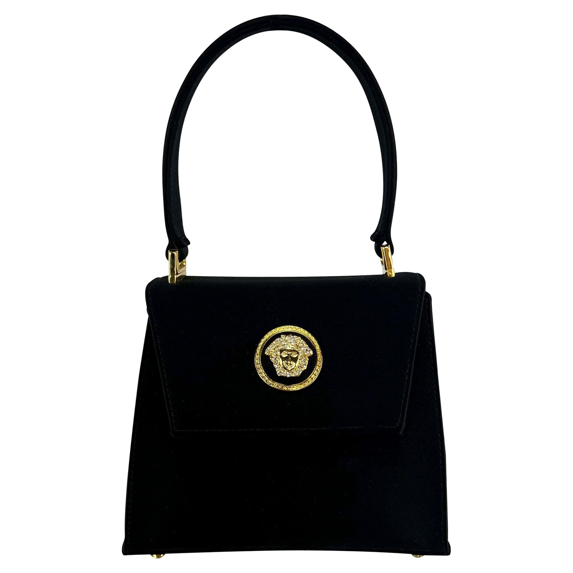 F/W 1996 Gianni Versace Rhinestone Medusa Satin Mini Top Handle Crossbody Bag