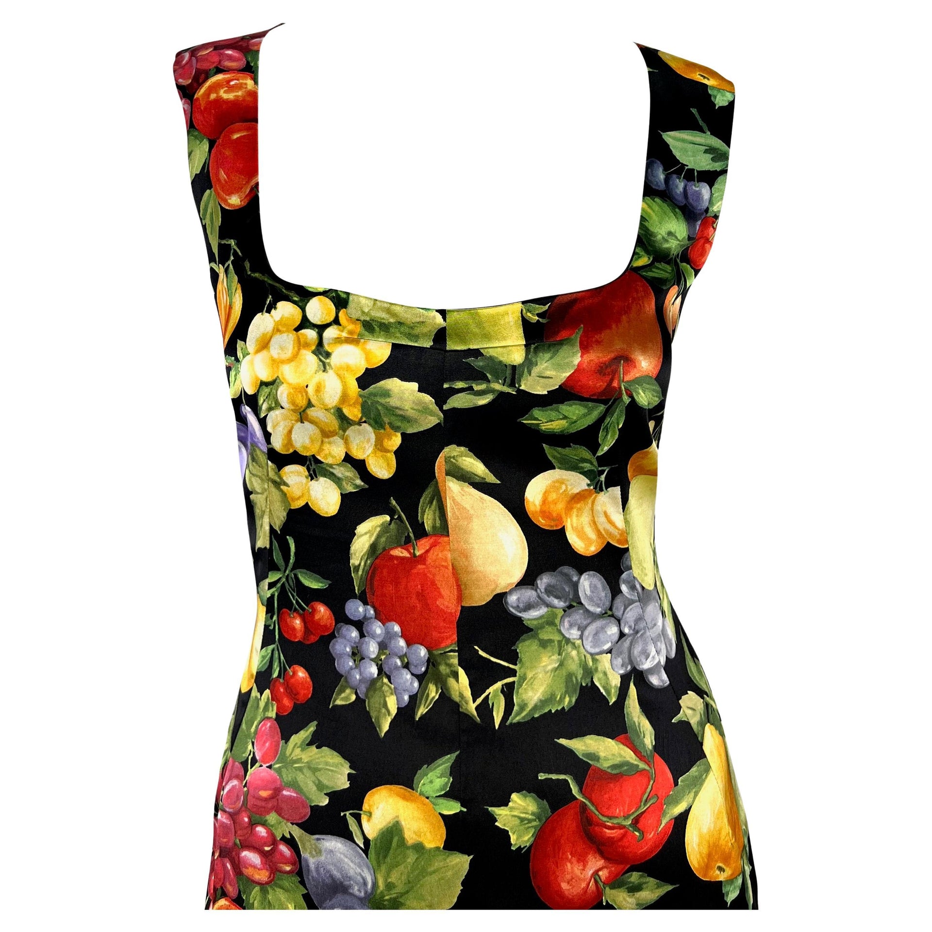 2000s Dolce & Gabbana Black Bodycon Sleeveless Fruit Print Pin-up Dress