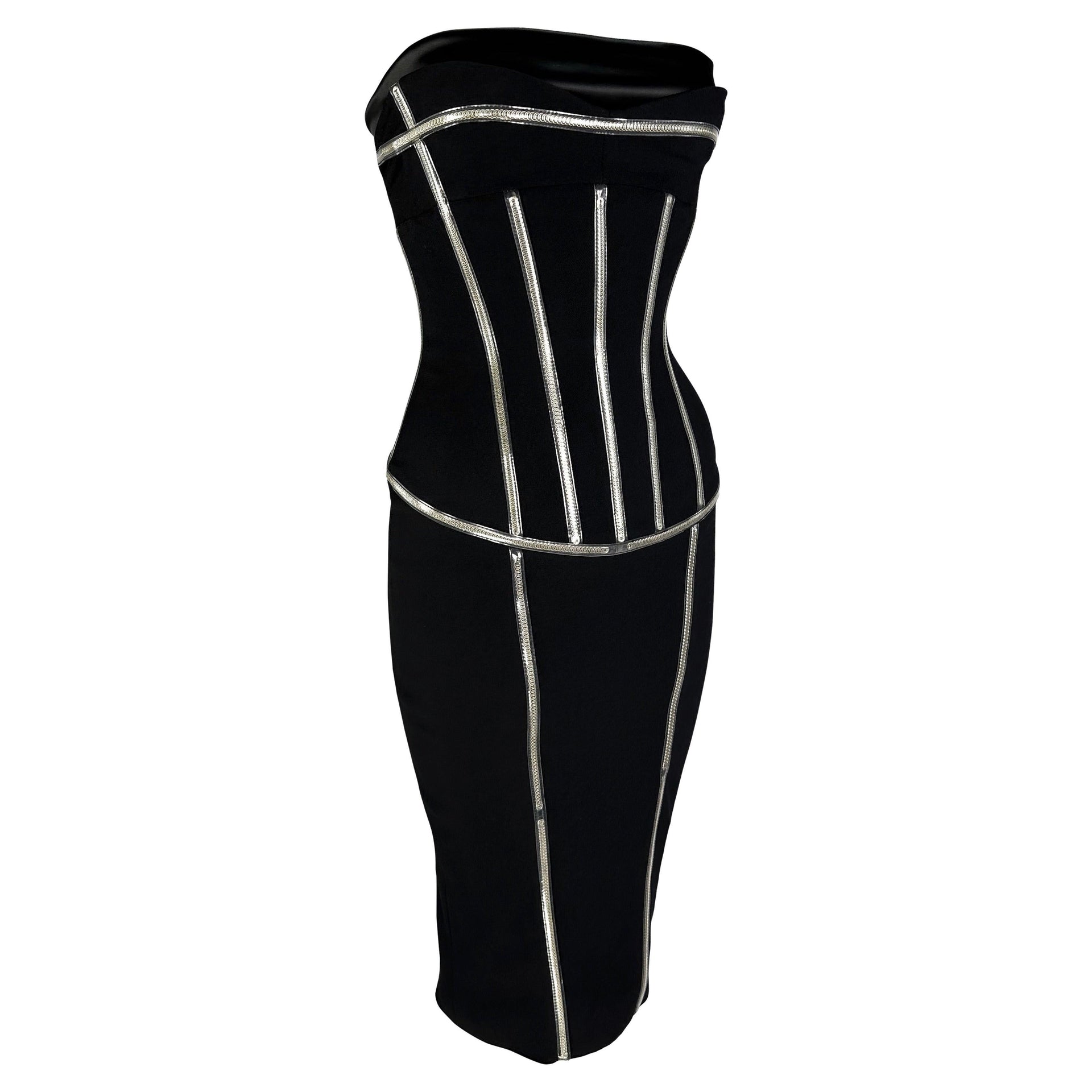 F/W 2007 Dolce & Gabbana Runway PVC Exposed Metal Corset Boning Black Midi Dress