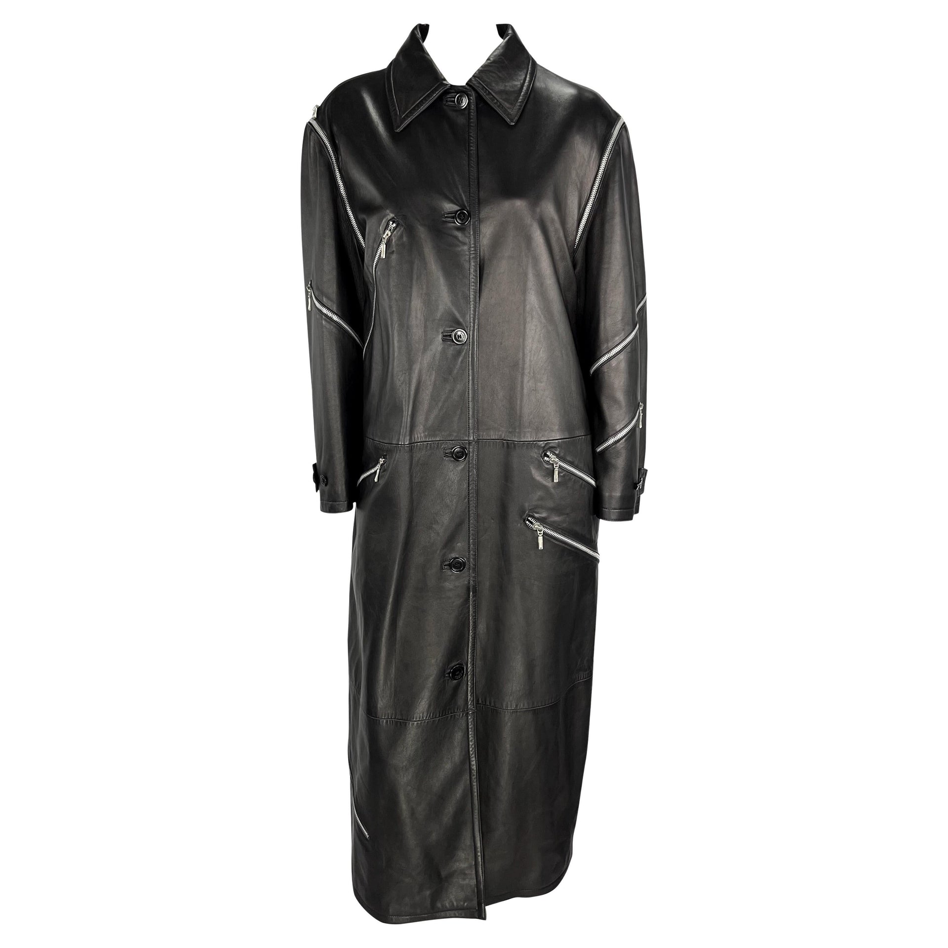 F/W 1998 Gianni Versace by Donatella Runway Black Leather Zip Trench Coat