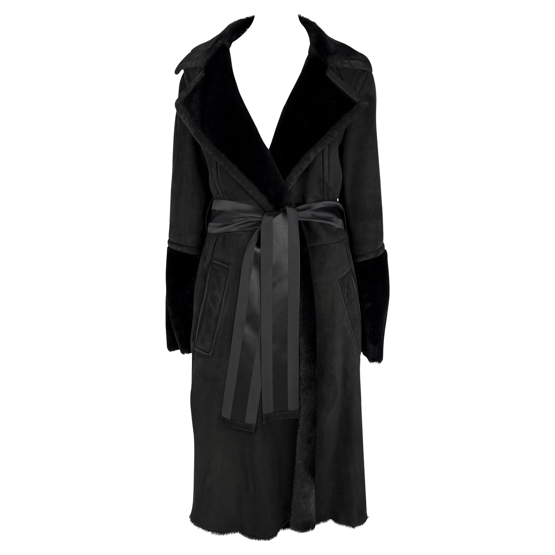 F/W 2004 Gucci by Tom Ford Black Shearling Suede Ribbon Belted Coat