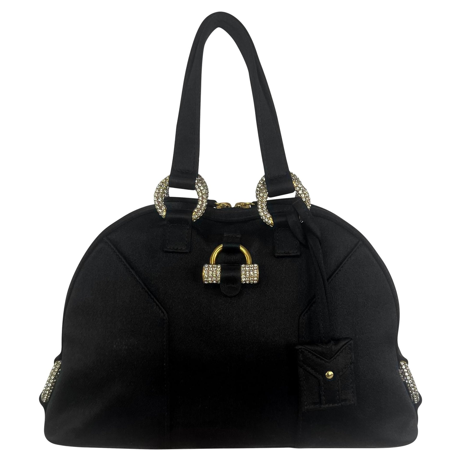 Mid 2000s Yves Saint Laurent Black Silk Satin Mini Rhinestone Muse Evening Bag