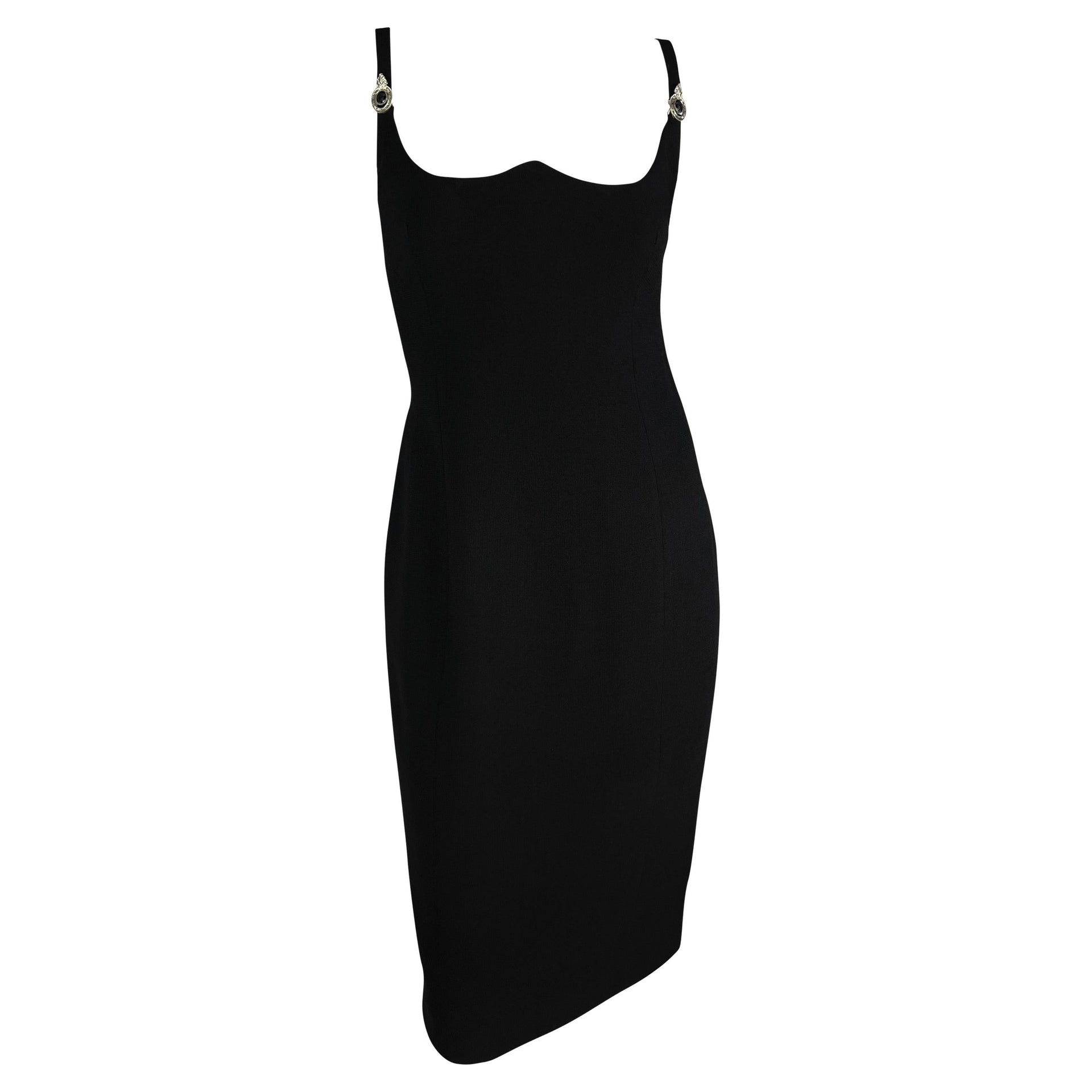 1995 Gianni Versace Black Sweetheart Neckline Rhinestone Medusa Black Dress