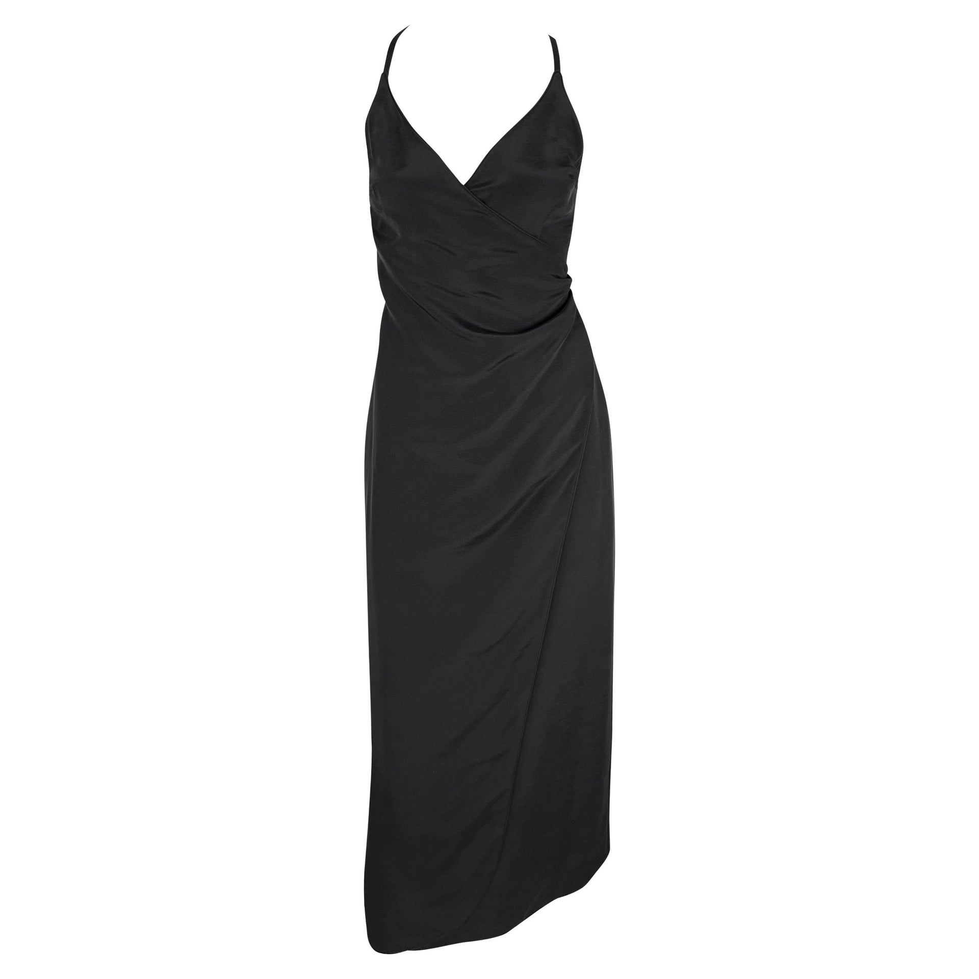 Late 1990s Giorgio Armani Backless Black Faux-Wrap High Slit Column Gown