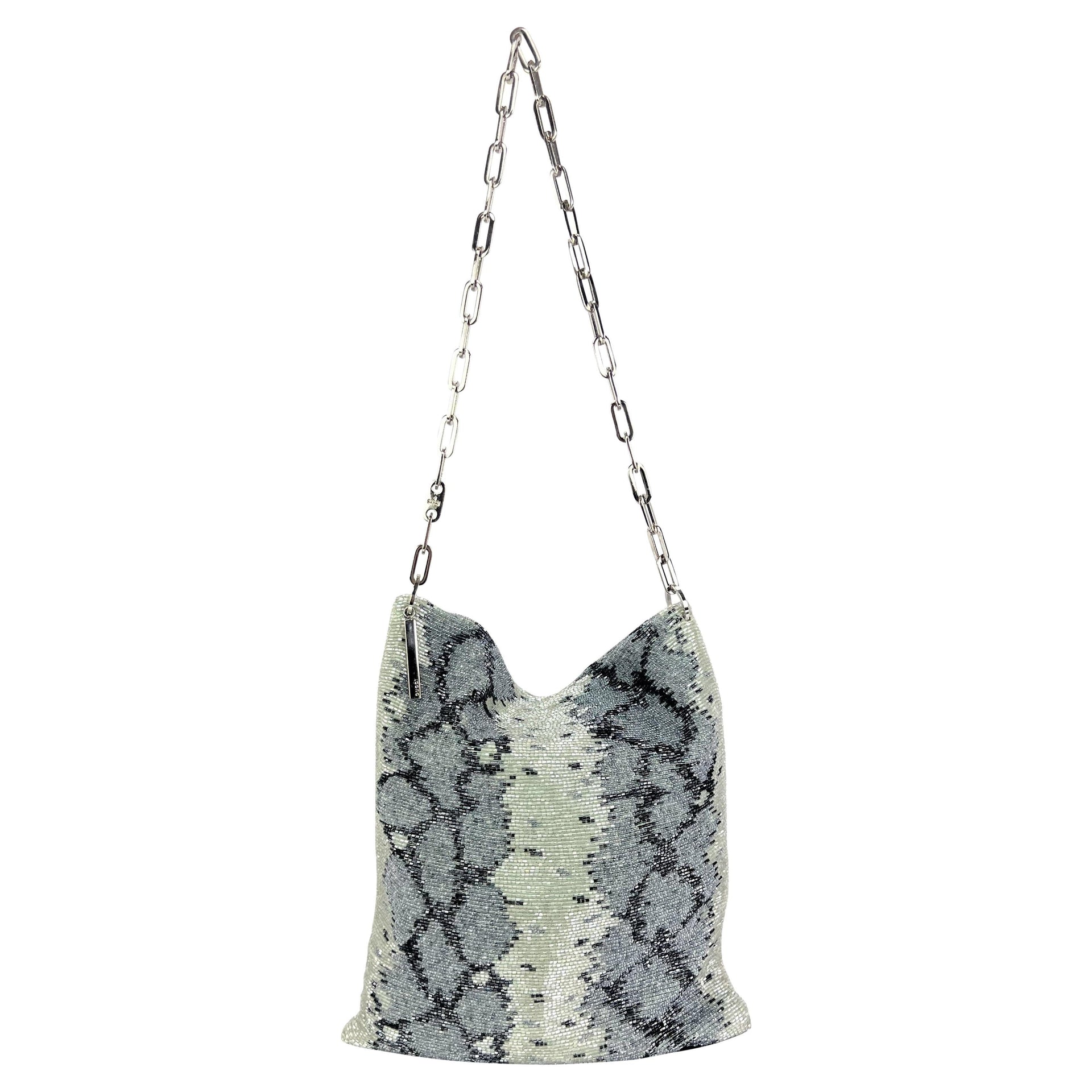 S/S 2000 Gucci by Tom Ford Grey Snake Pattern Beaded Chain Flat Shoulder Bag