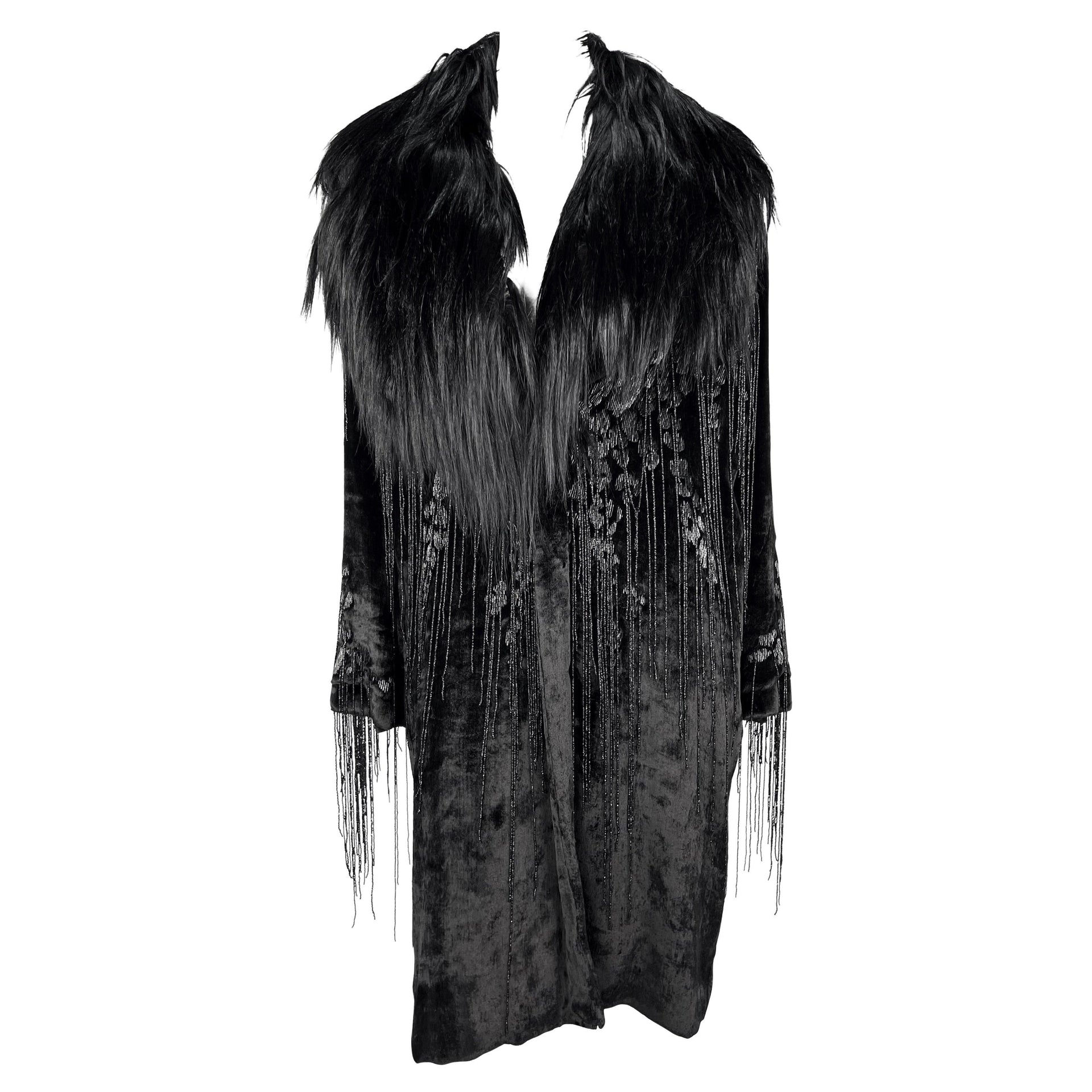 F/W 2004 Versace by Donatella Runway Heavily Beaded Fringe Fur Trim Velvet Coat