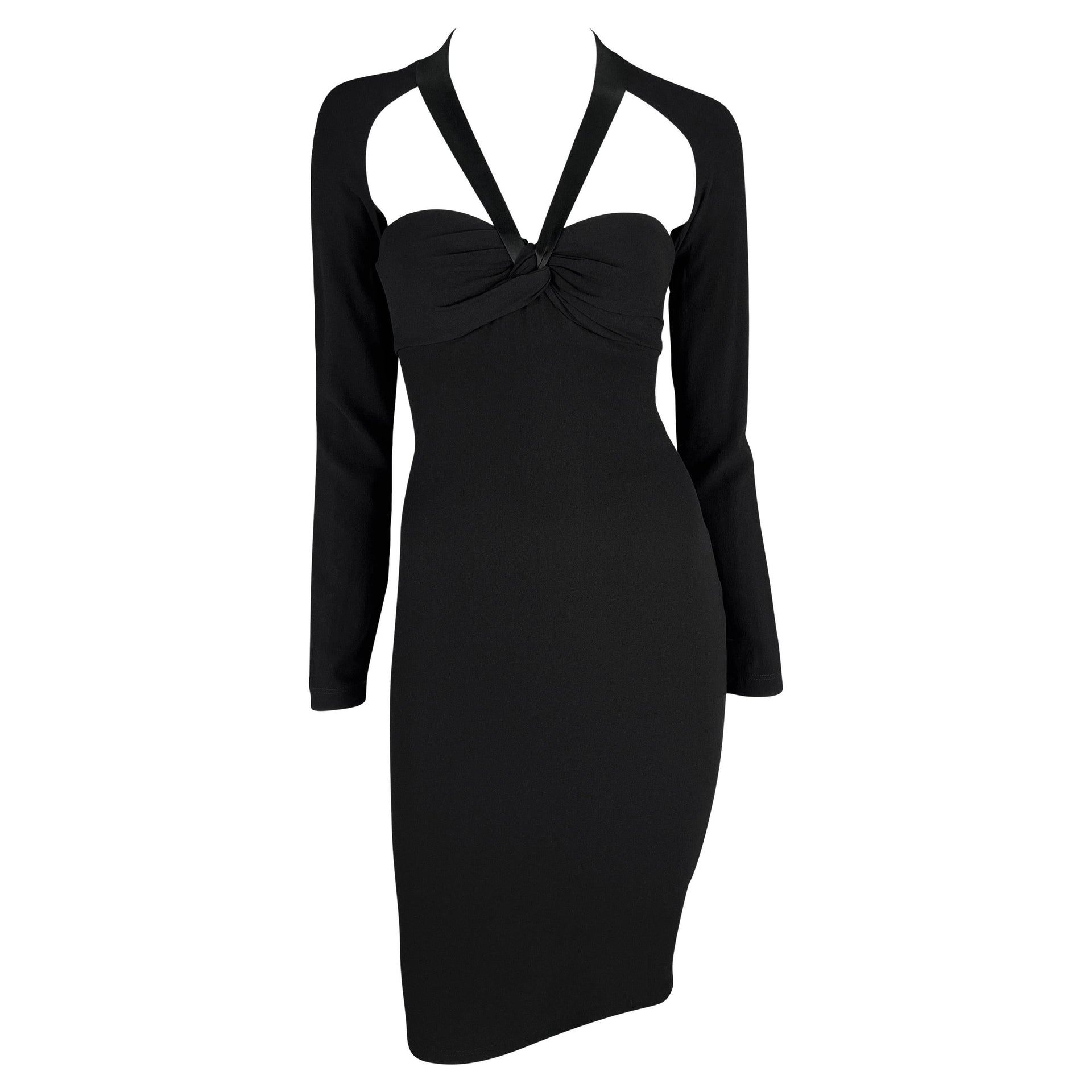 2000s Versace by Donatella Black Ribbon Halter Neck Medusa Cutout Dress