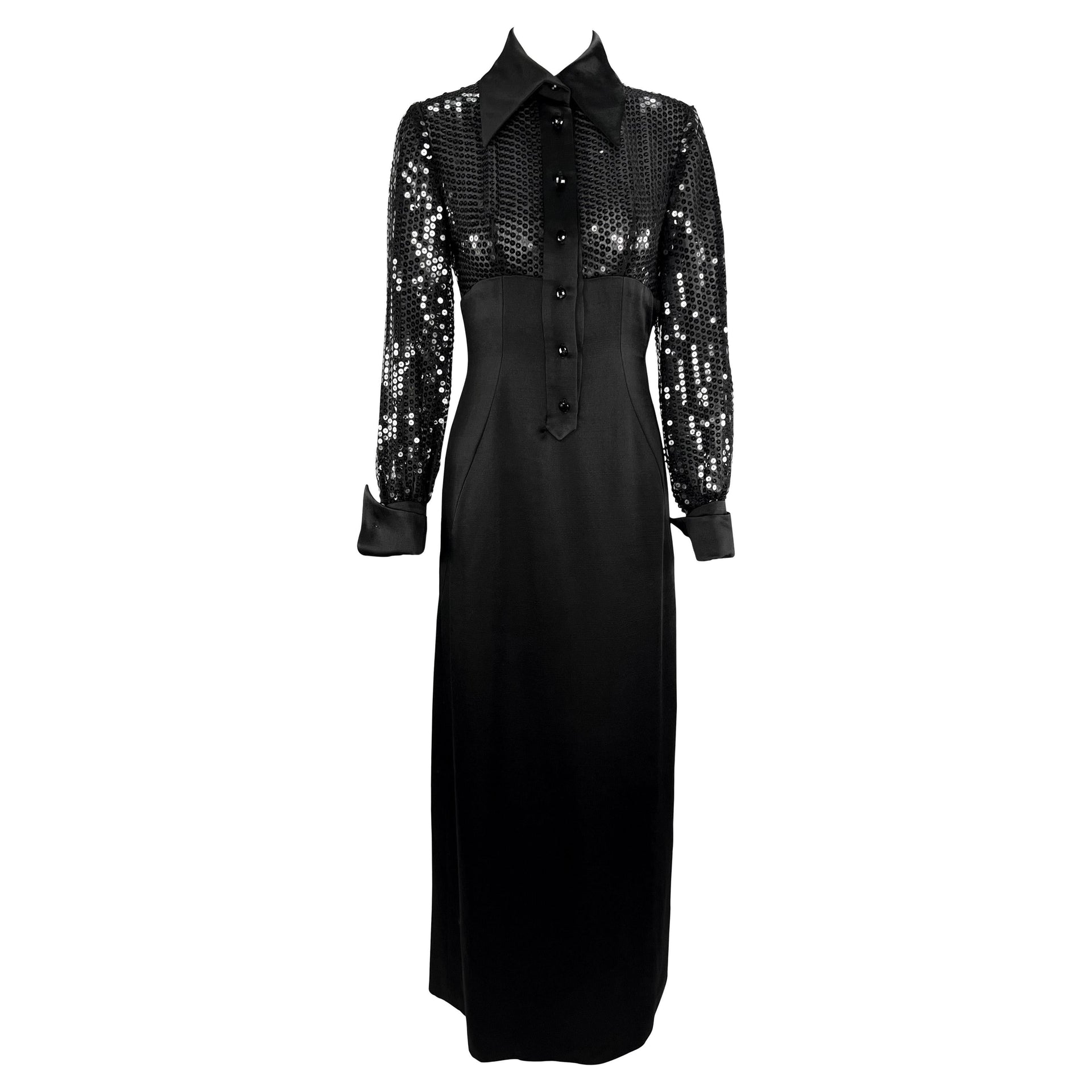 1990s Jacques Fath Sheer Black Sequin Plunging Satin French Cuff Collared Gown