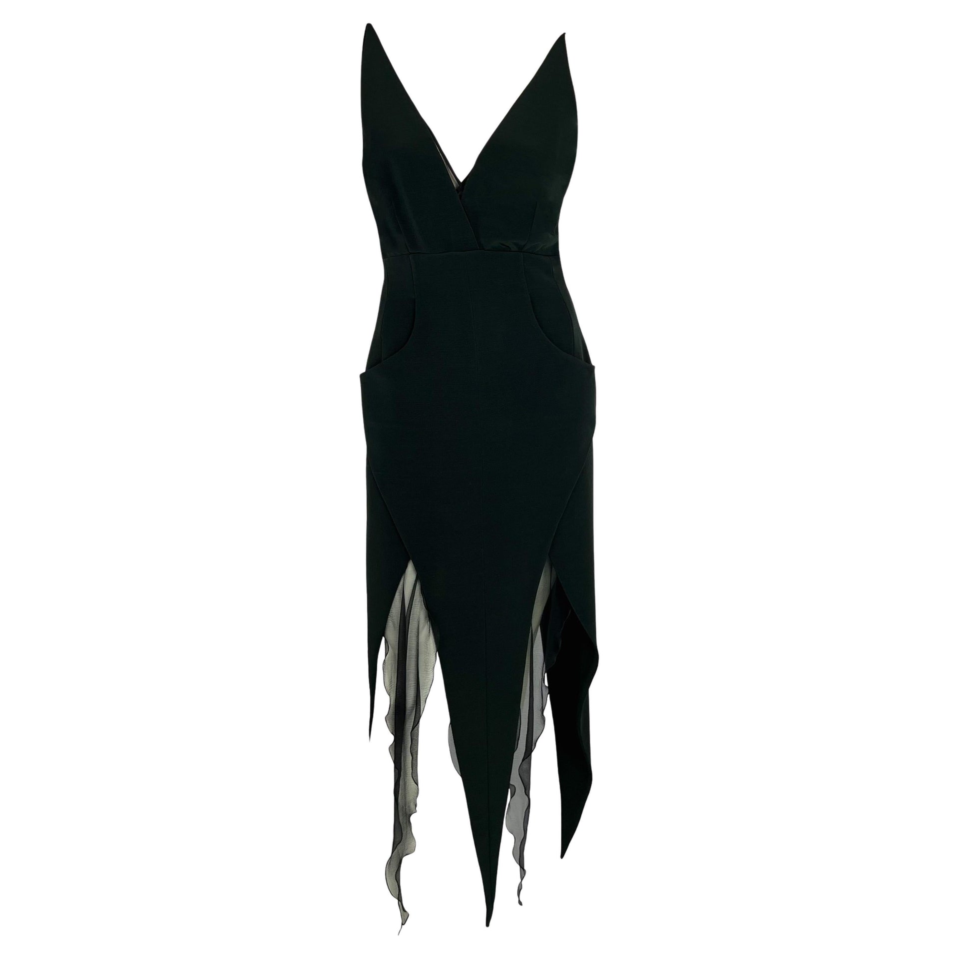 F/W 1993 Karl Lagerfeld Dark Green Backless Halter Point Hem Chiffon Dress