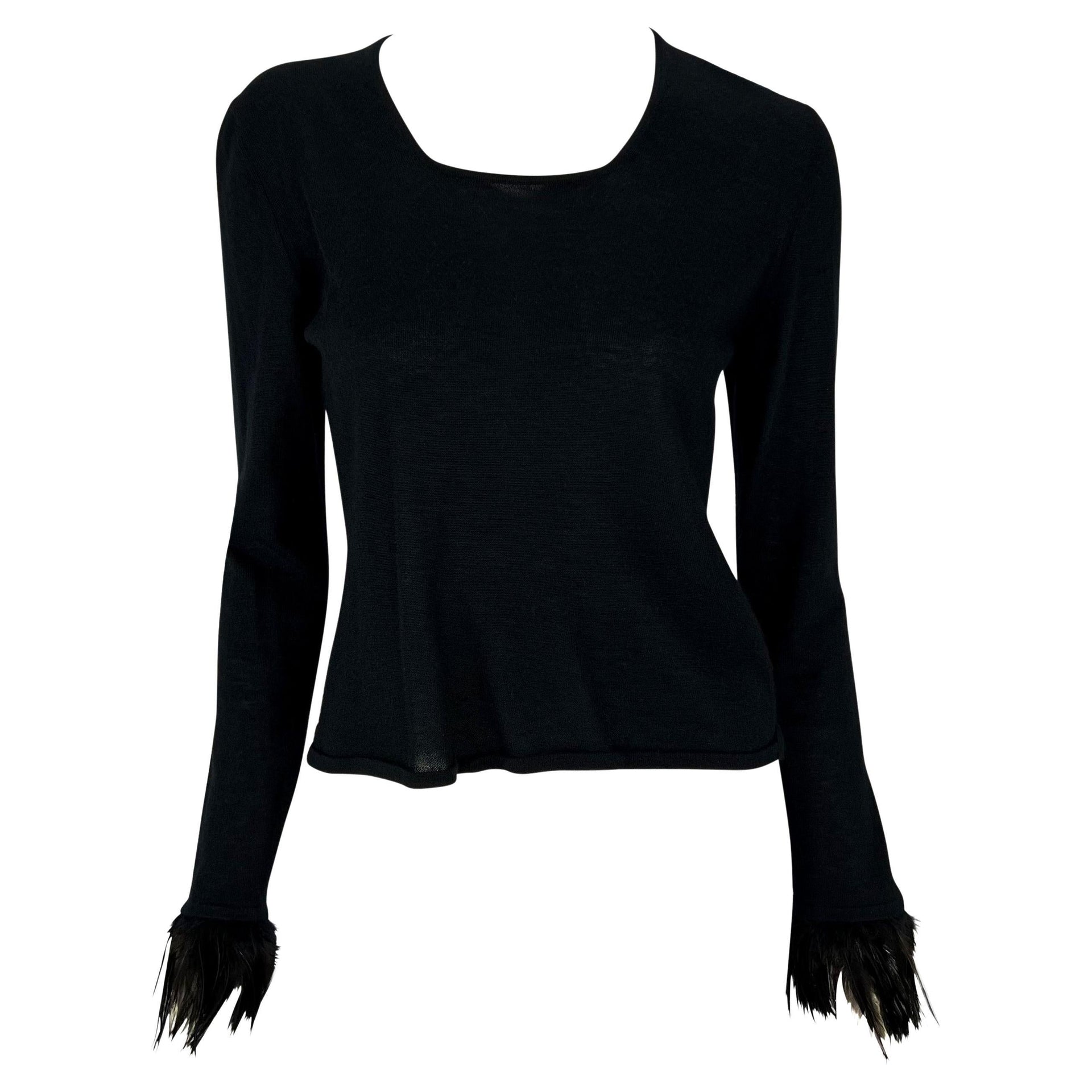 S/S 1999 Gucci by Tom Ford Feather Trim Cuff Black Stretch Knit Long Sleeve Top